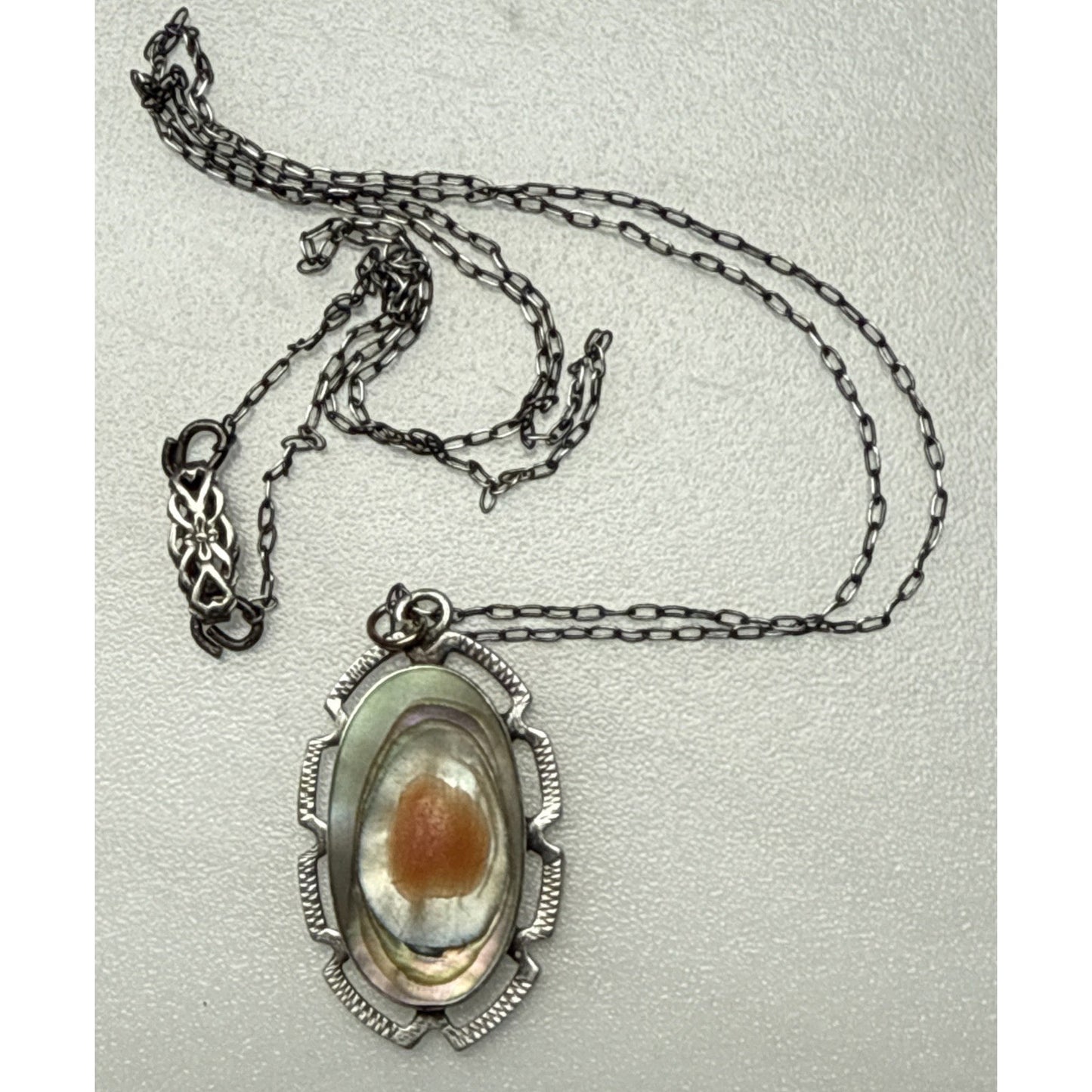 Art Deco Sterling Silver Abalone Blister Pearl Pendant Necklace Chain As Is