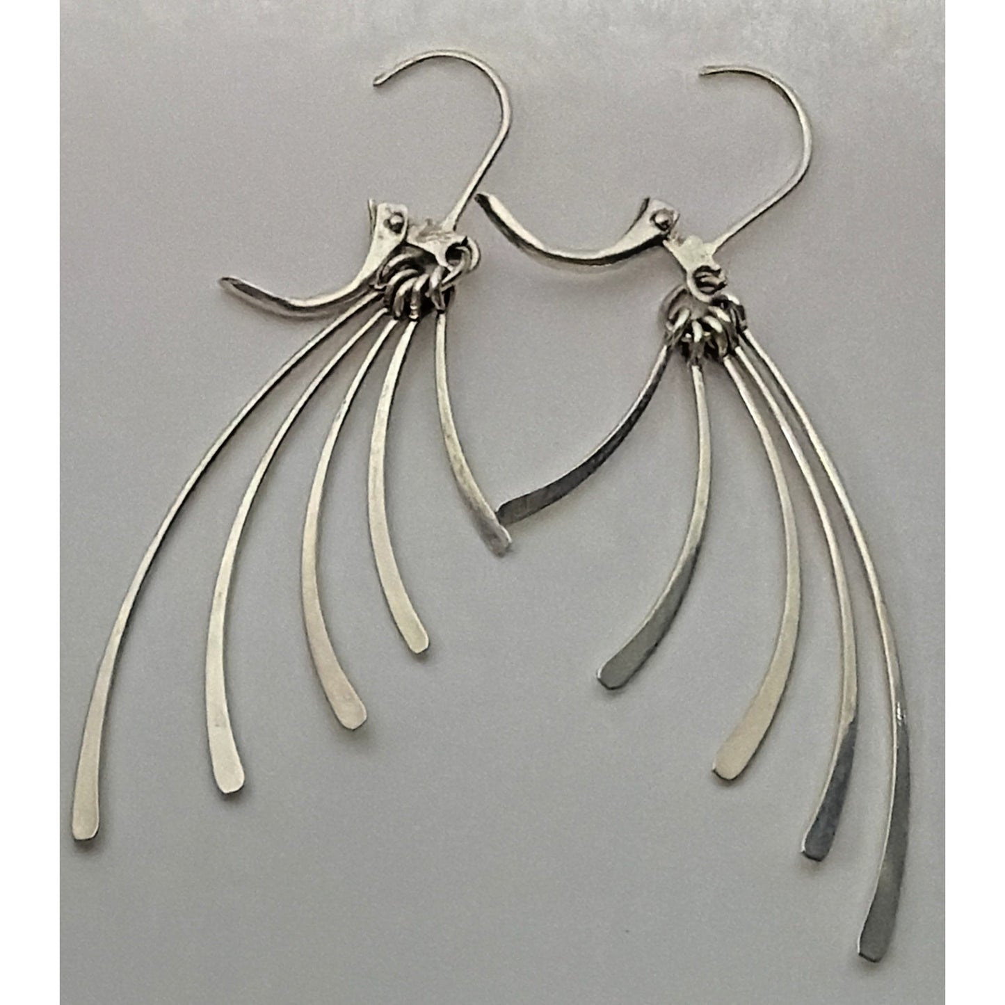 Vintage Sterling Silver Fan Fringe Feather Dangle Hinged Hook Earrings