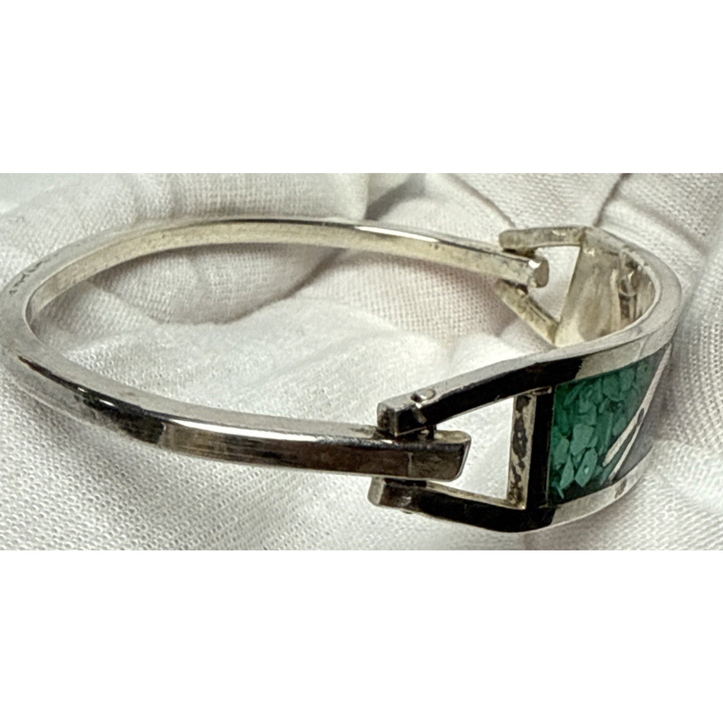 Vtg Taxco Mexico Inlaid Bracelet Snake Abalone Hinged Mother of Pearl Onyx Lapis