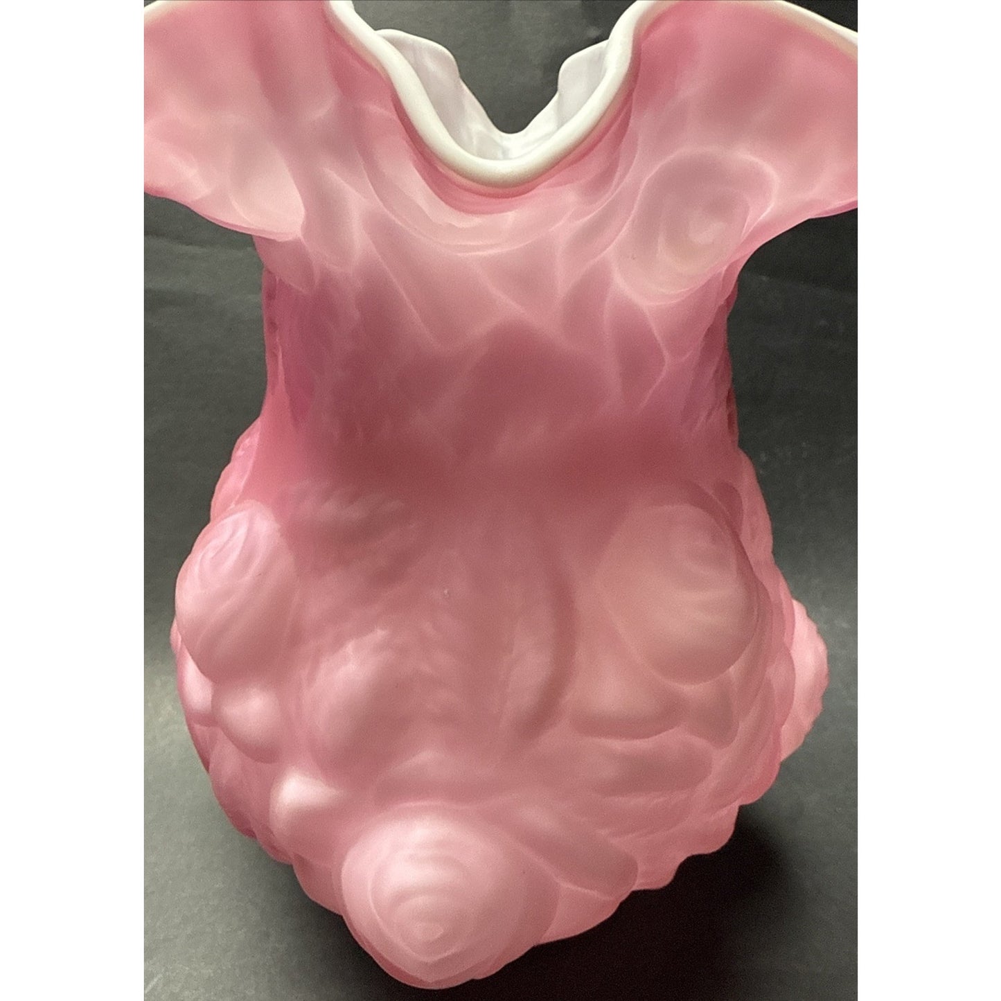 Vintage Fenton LG Wright Embossed Puffy Rose Pink Overlay White Satin Vase As-Is
