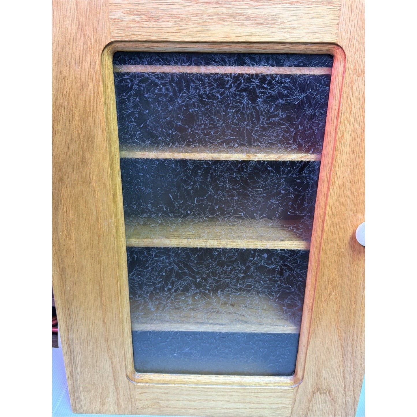 Old Oak Apothecary Cabinet Medicine Curio Textured Etched Glass Wall Mount As Is