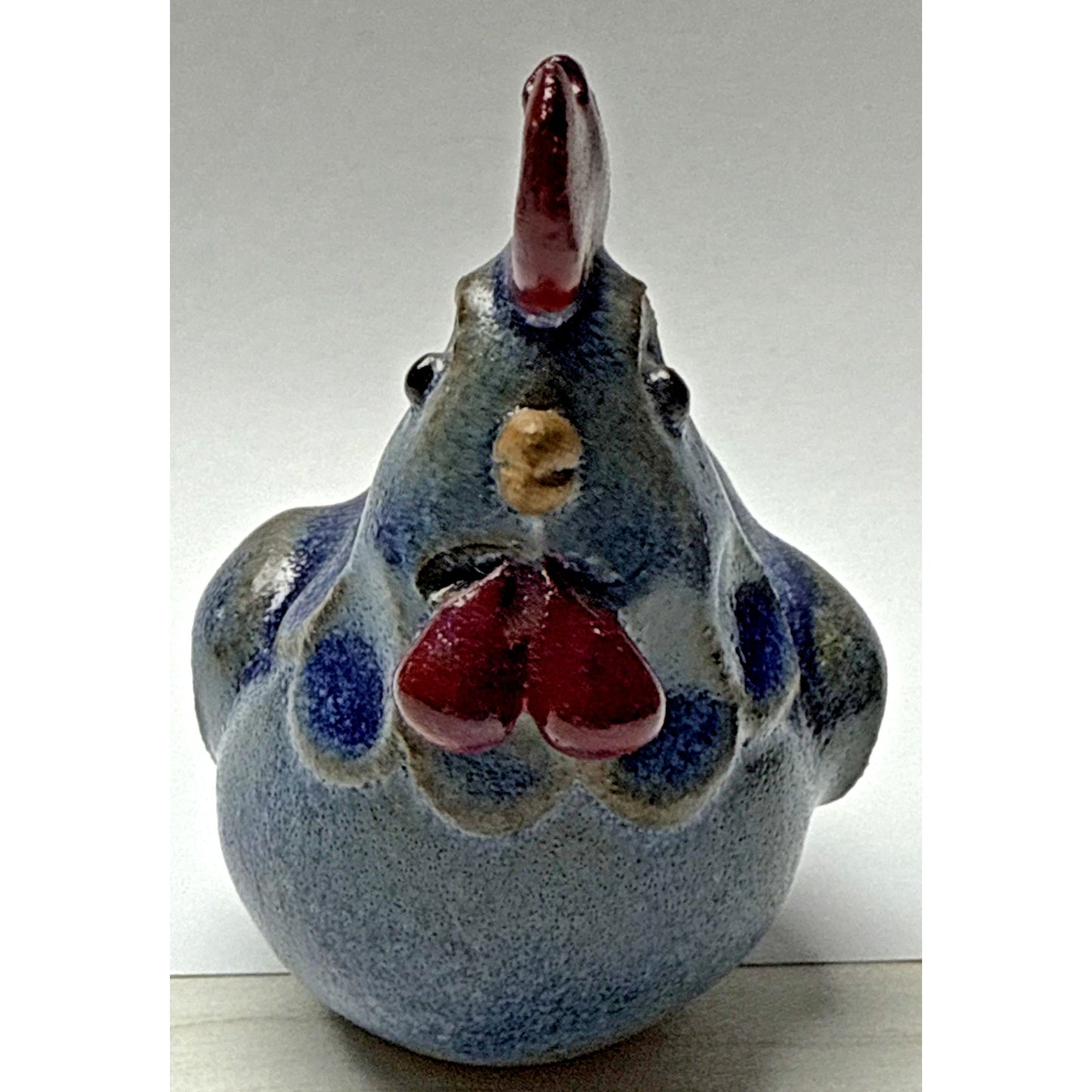 Vintage Folk Art Stoneware Hen Rooster Chicken Figurine Blue Red Glazed
