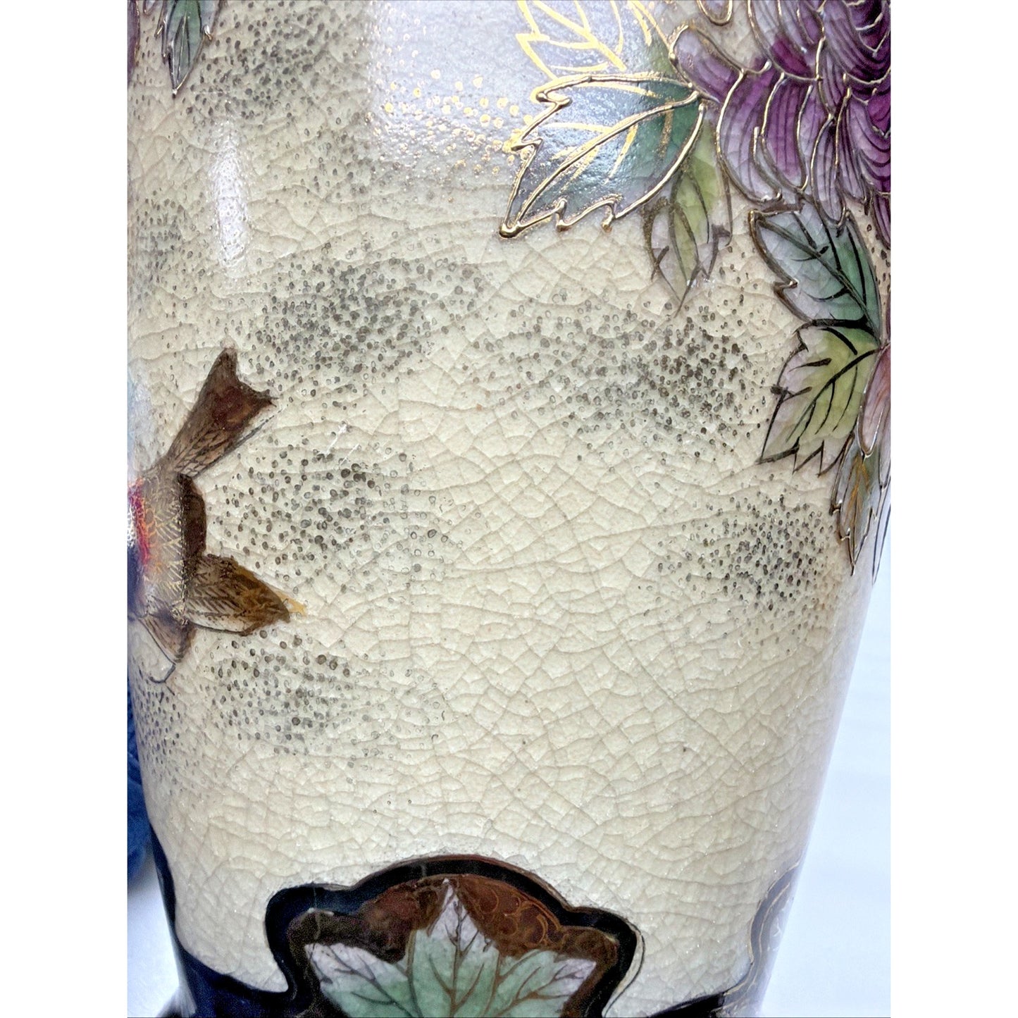 Old Hand Painted Japanese Satsuma Vase Crackle Gold Gilded Birds Floral Birdcage