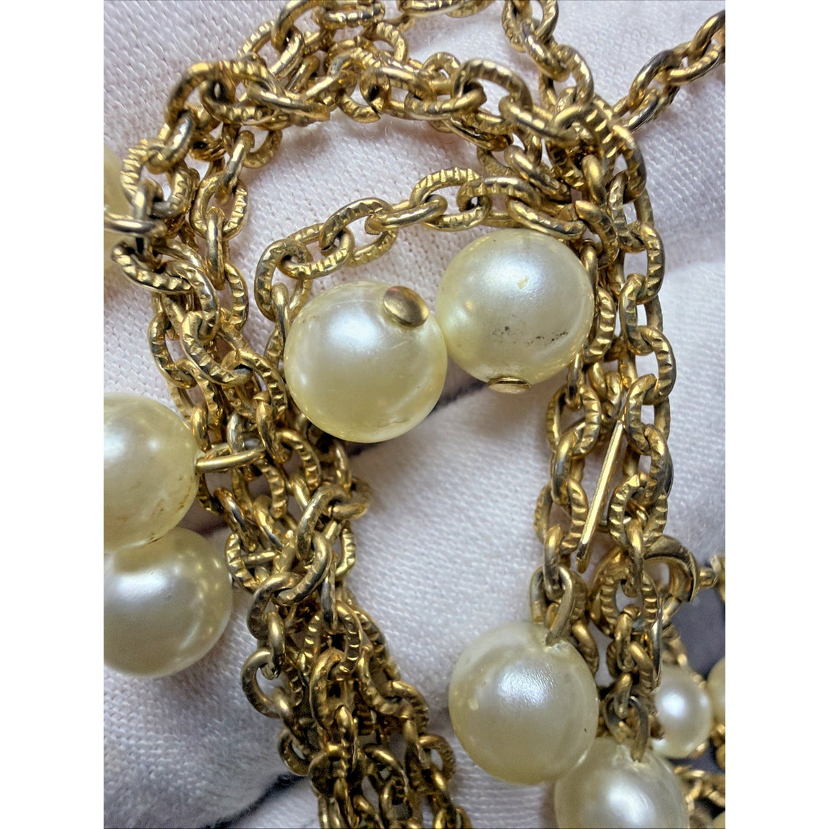 Vintage Tammey Jewels Faux Pearl Drop Necklace Gold Tone Metal Signed Oval Link