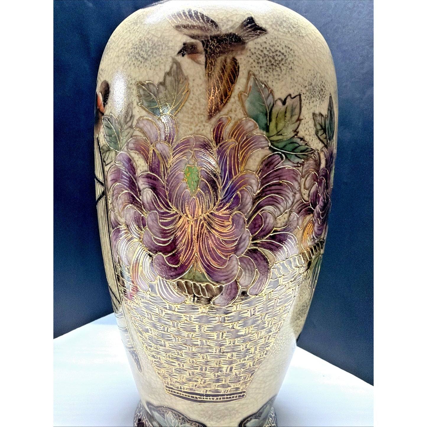 Old Hand Painted Japanese Satsuma Vase Crackle Gold Gilded Birds Floral Birdcage