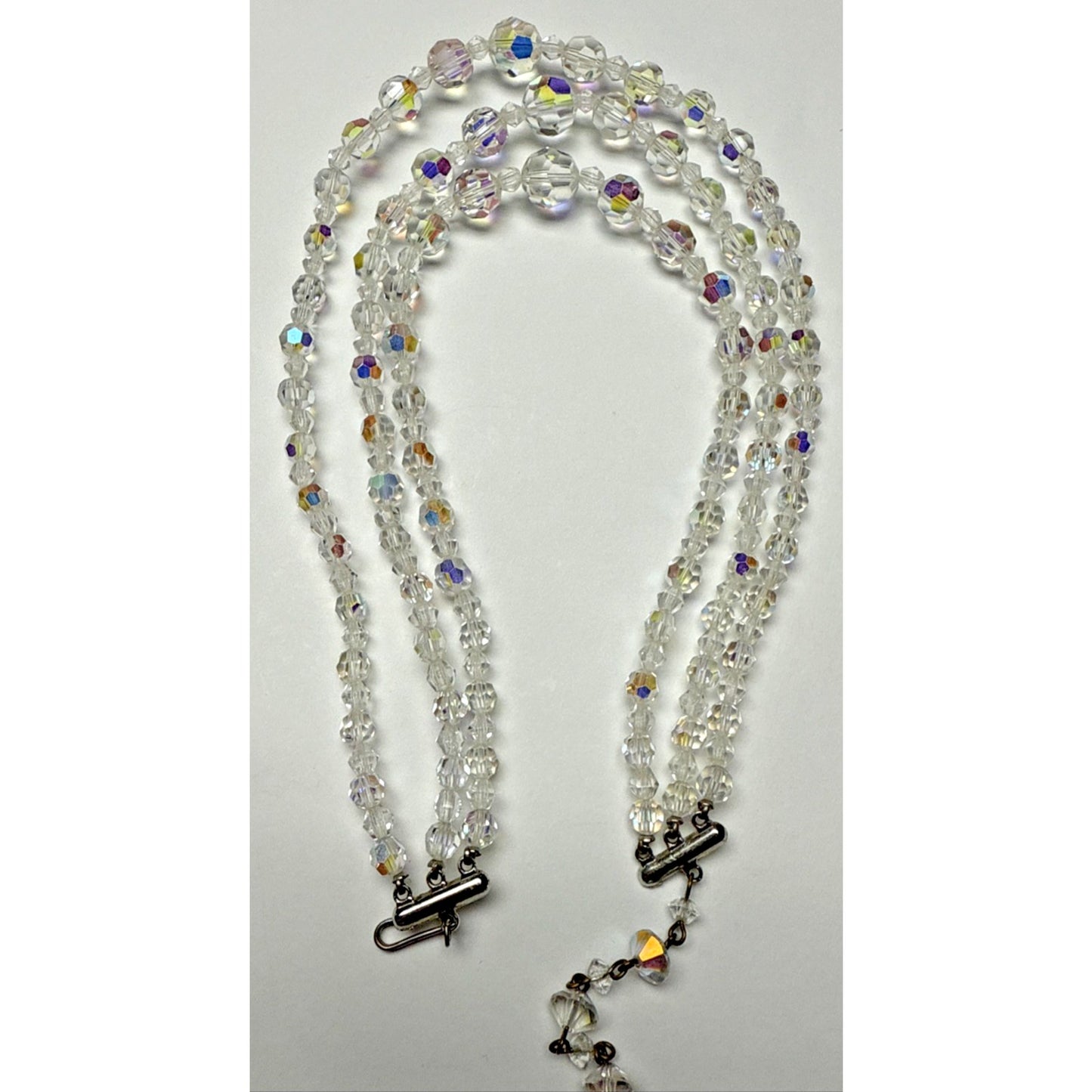 Vintage Triple Strand Necklace Aurora Borealis Crystal Faceted 13" Adjustable