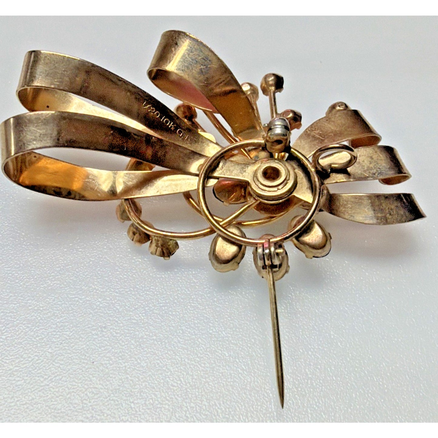 Vintage 1/20 10k Gold Filled Floral Spray Ribbon Pendant Brooch Aqua Rhinestone