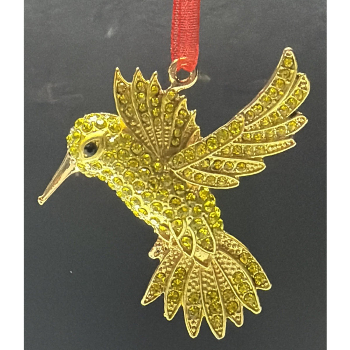 Rhinestone Gold Yellow Hummingbird Ornament Black Eyes