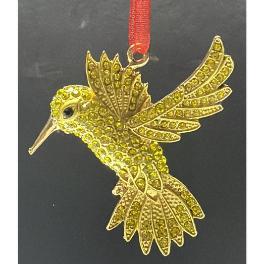 Rhinestone Gold Yellow Hummingbird Ornament Black Eyes