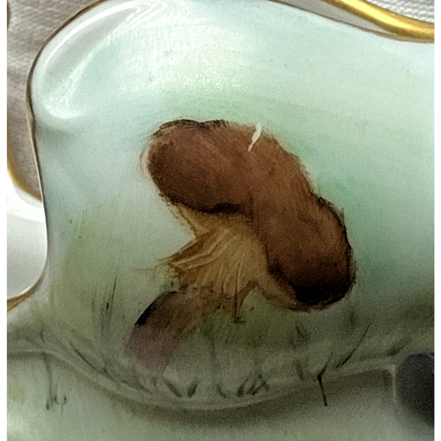 Vintage Porcelain Toothpick Holder Horizontal Hand Painted Mushrooms Gold Footed