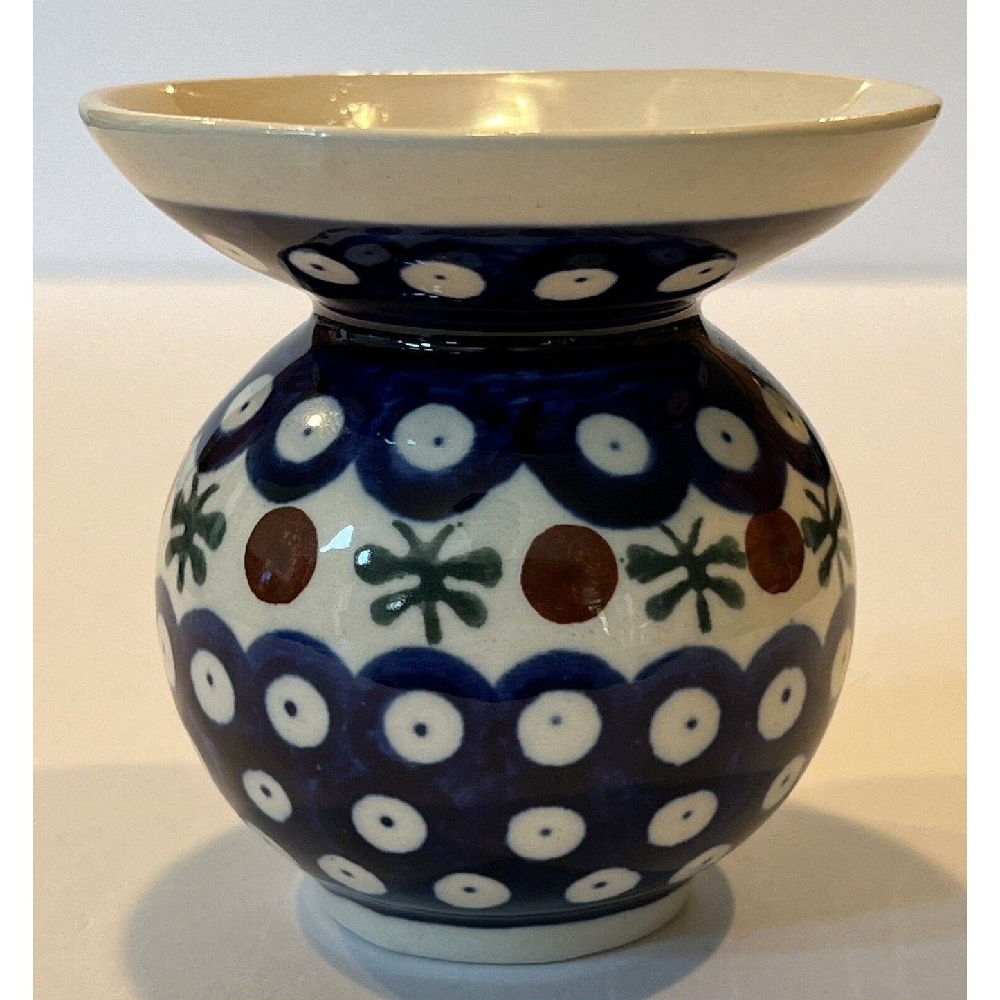 Boleslawiec Hand Made Polish Pottery Vase Blue Flared Rim Peacock Mosquito