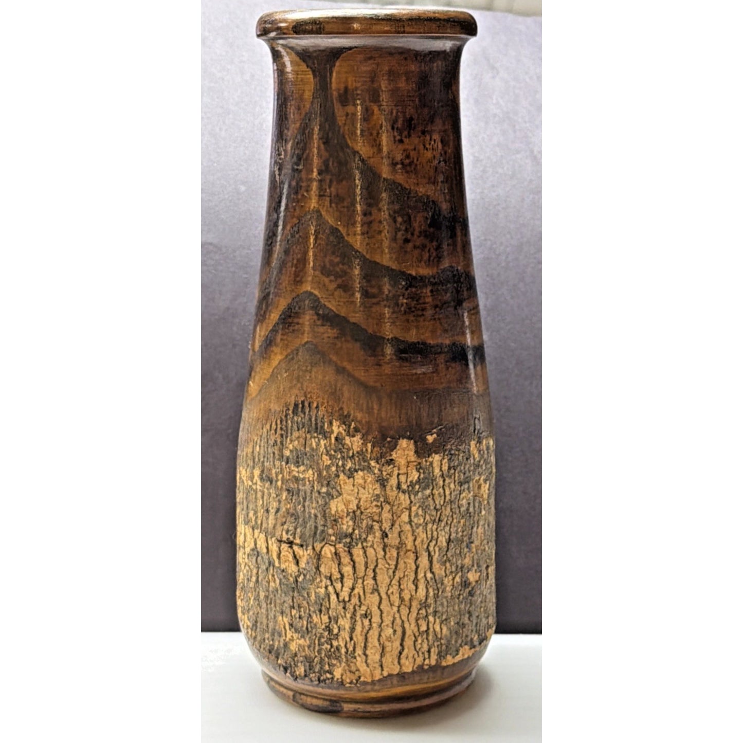 Antique Adirondack Souvenir Wood Turned Vase Bark Native American WI Dells As Is