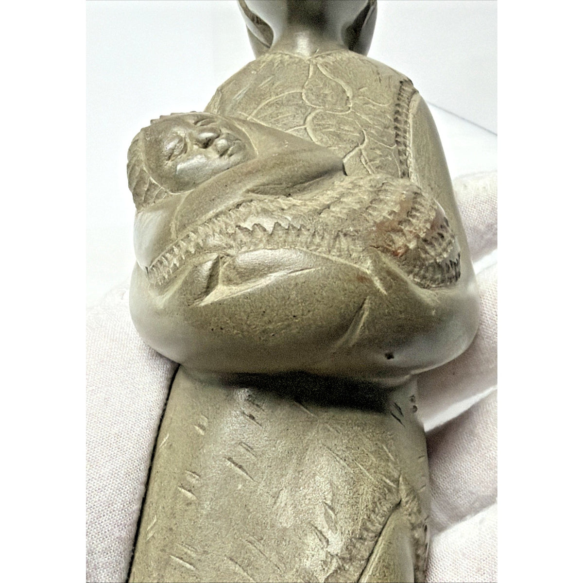 Vintage Haitian African Carved Soapstone Sculpture Mother Child Detailed Faces