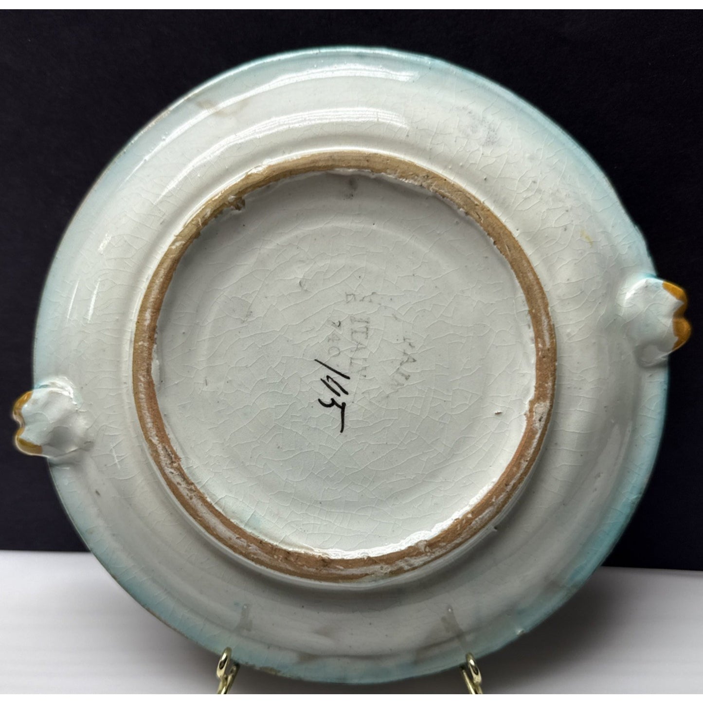 MCM Italy Sgraffito Pottery Cache Candle Base Dish Hand Painted Flower Handles