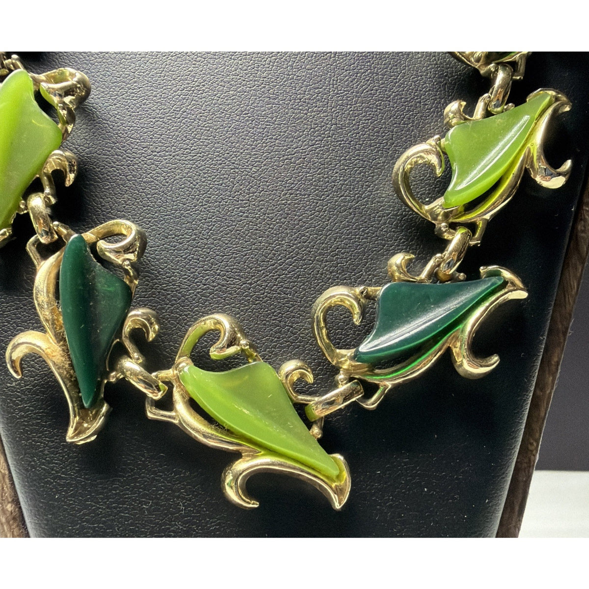 MCM Thermoset Necklace Green Gold Ornate Necklace Adjustable Chain Choker