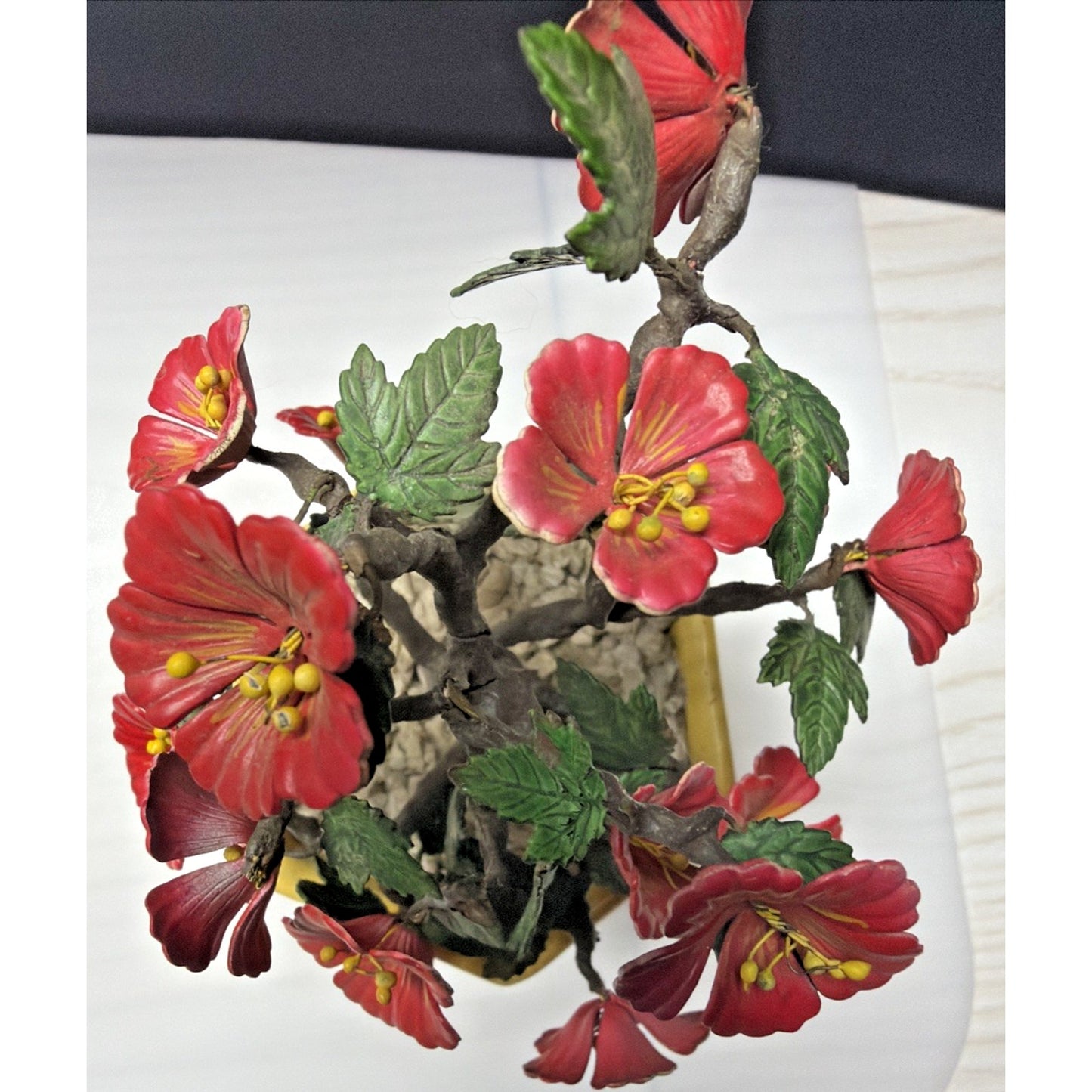 Vintage Metal Art Flower Blossom Hibiscus Wire Tree Painted Enamel As Is