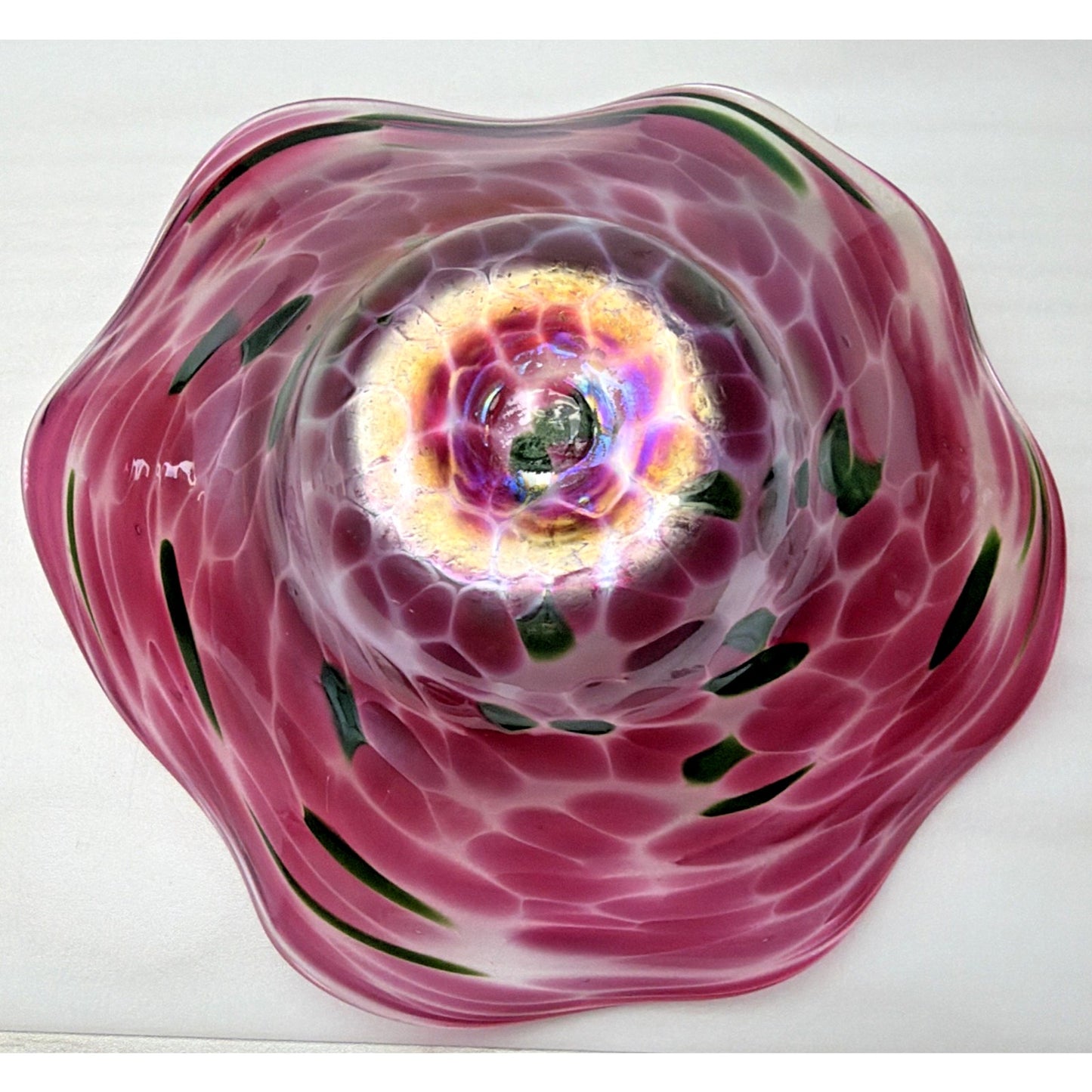 Vintage Blown Glass Bowl Iridescent Mottled Green Cranberry Purple Gold