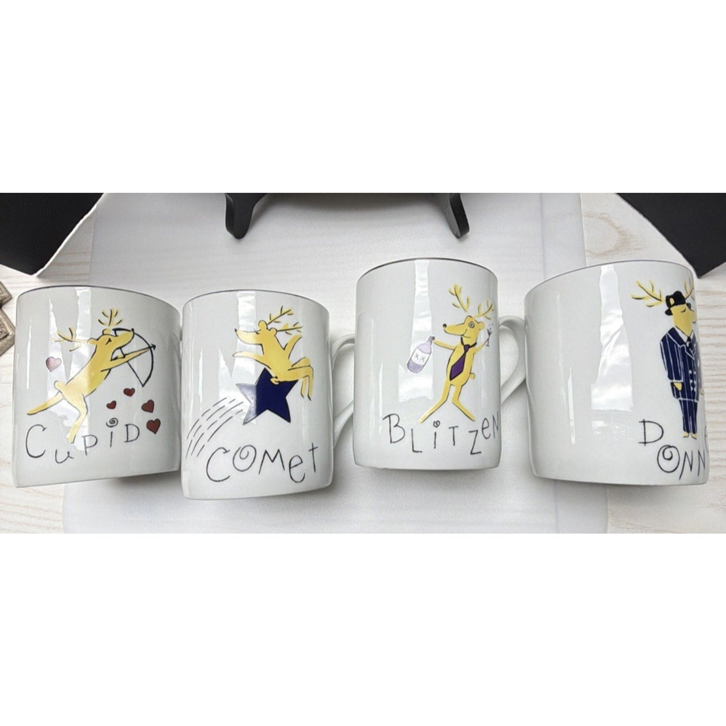 Pottery Barn Set of 4 Reindeer Mugs Box Williams Sonoma Comet Donner Blitzen Cup