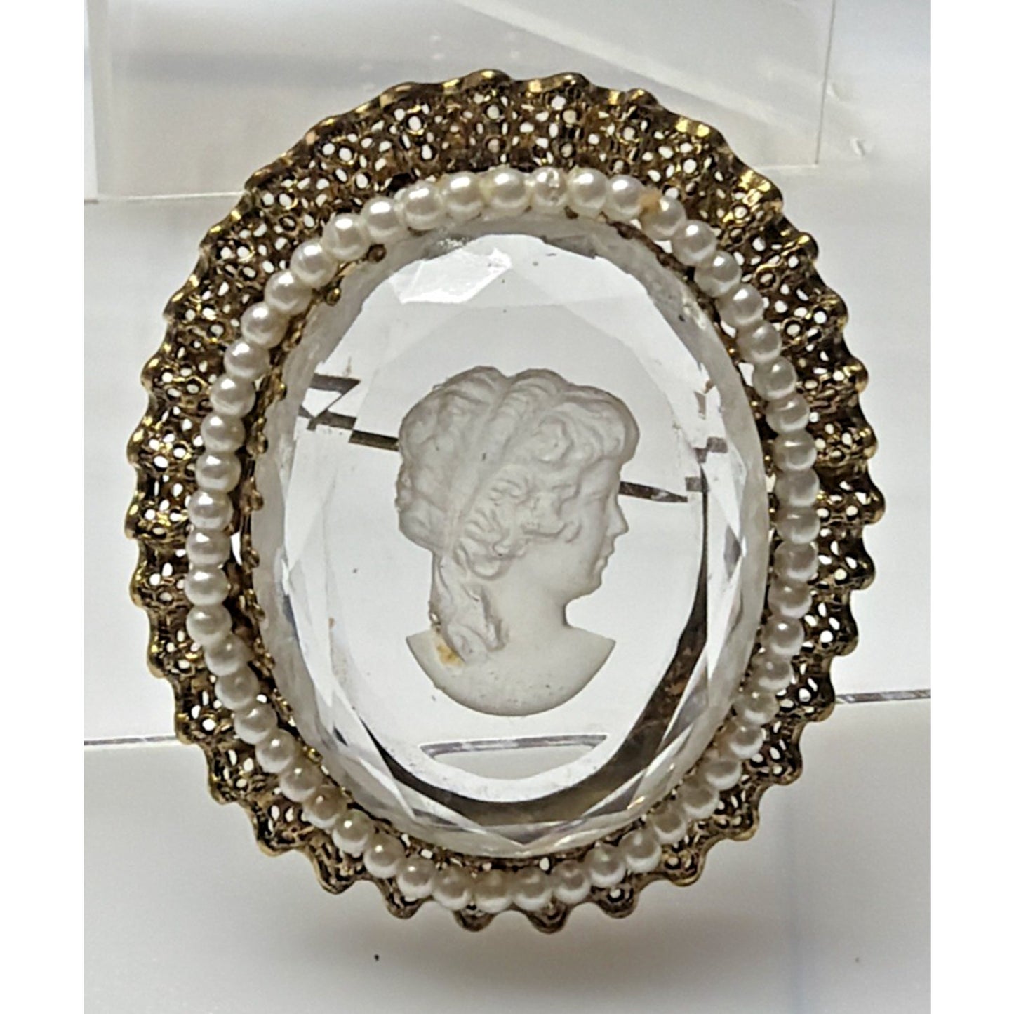 West Germany Intaglio Victorian Cameo Faceted Brooch Filigree Mini Faux Pearls