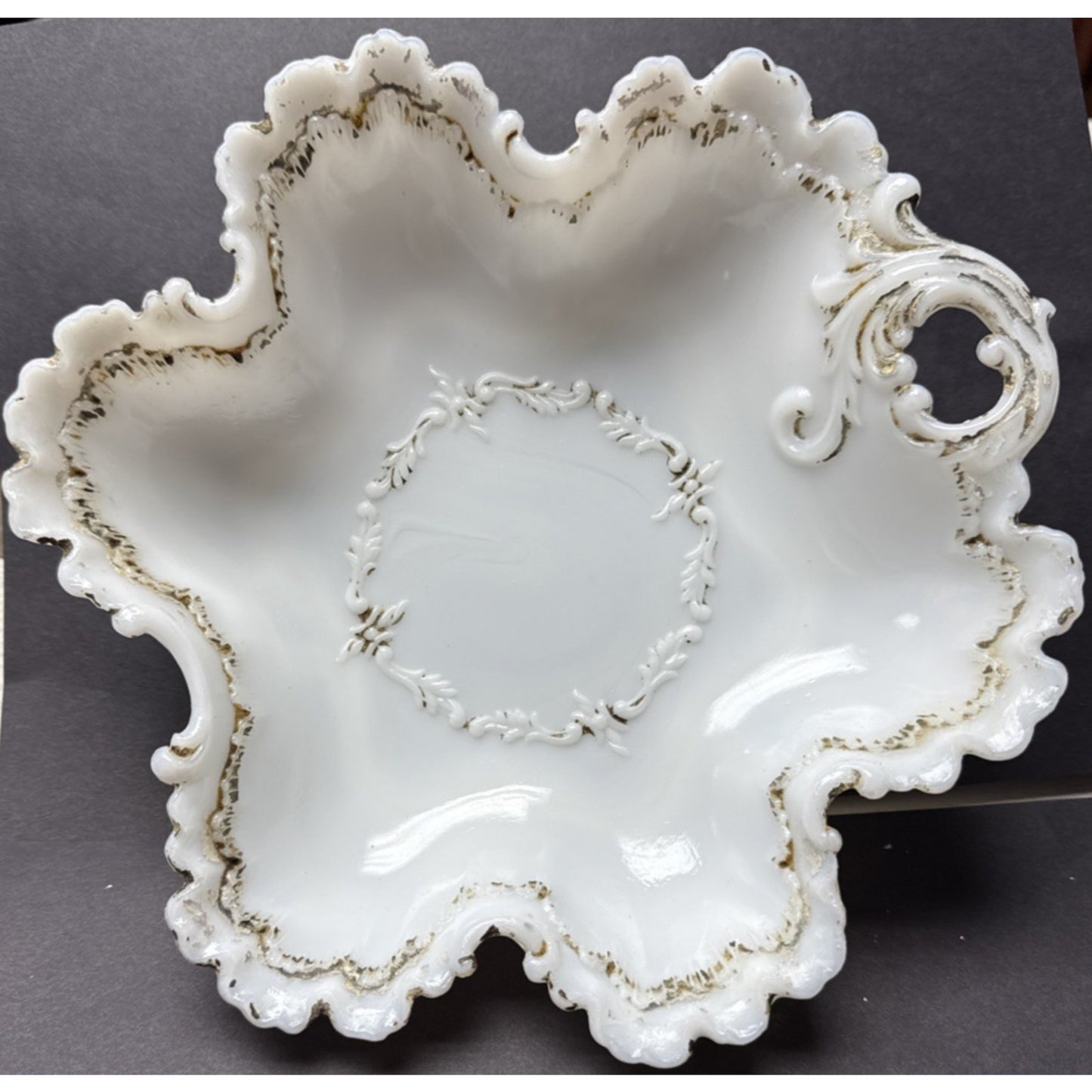 EAPG Dithridge Glass Opalware No 192 Open Handle Card Receiver Trinket Bowl