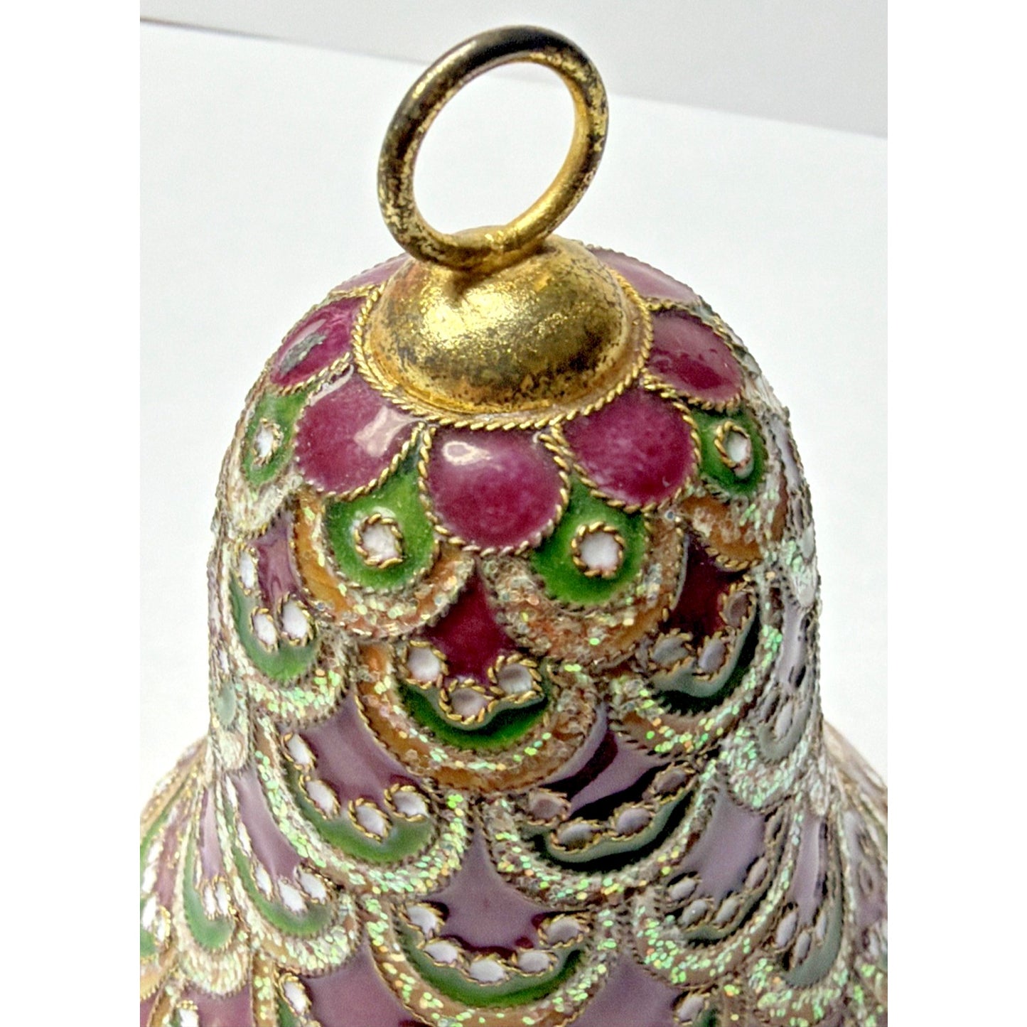 Vtg Enamel Cloisonné Bell Ornament Purple Green Gold Scallop Tree Feather As Is