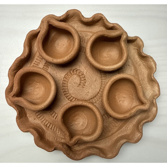 Clay Pot Diwali Oil Prayer Lamp Mitti Diya Plate Five Candle As Is