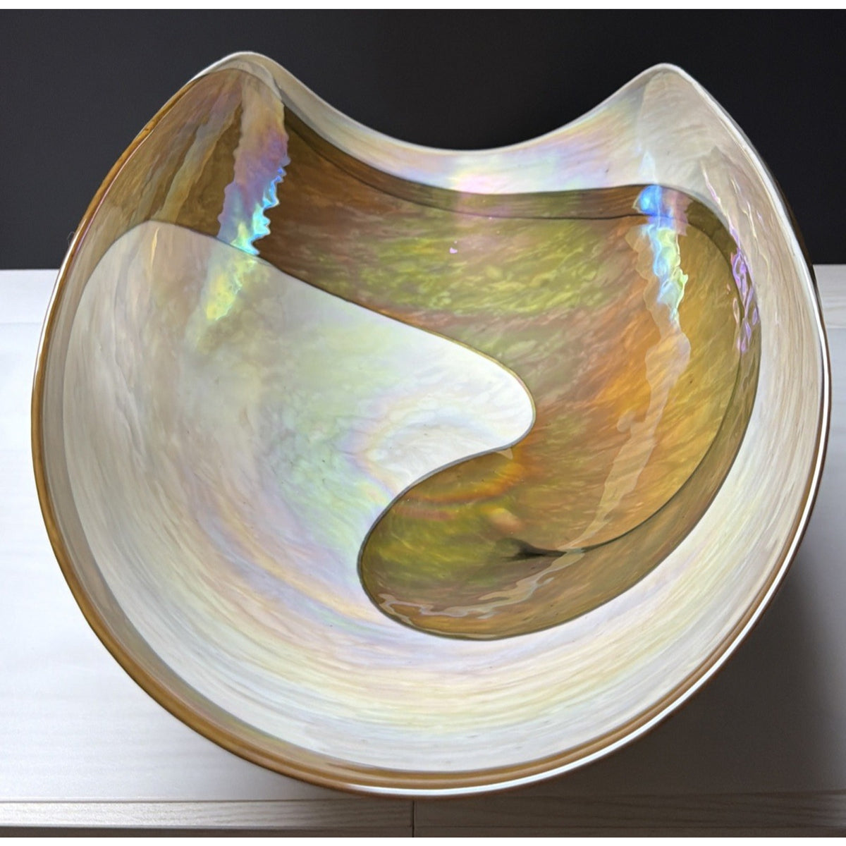 Yalo Murano Vetro Art Glass Bowl Folded Iridescent Ivory Gold Swirl 21"