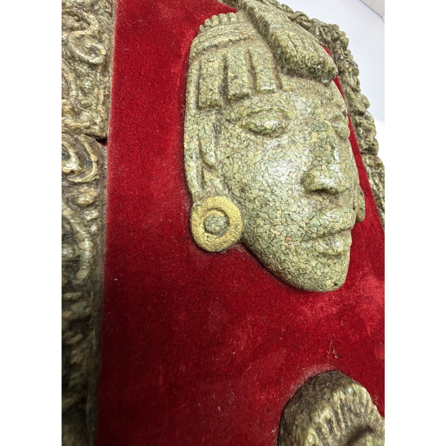 Vintage Aztec Mayan God Crushed Malachite Art Wall Hanging Plaque Wood Velvet