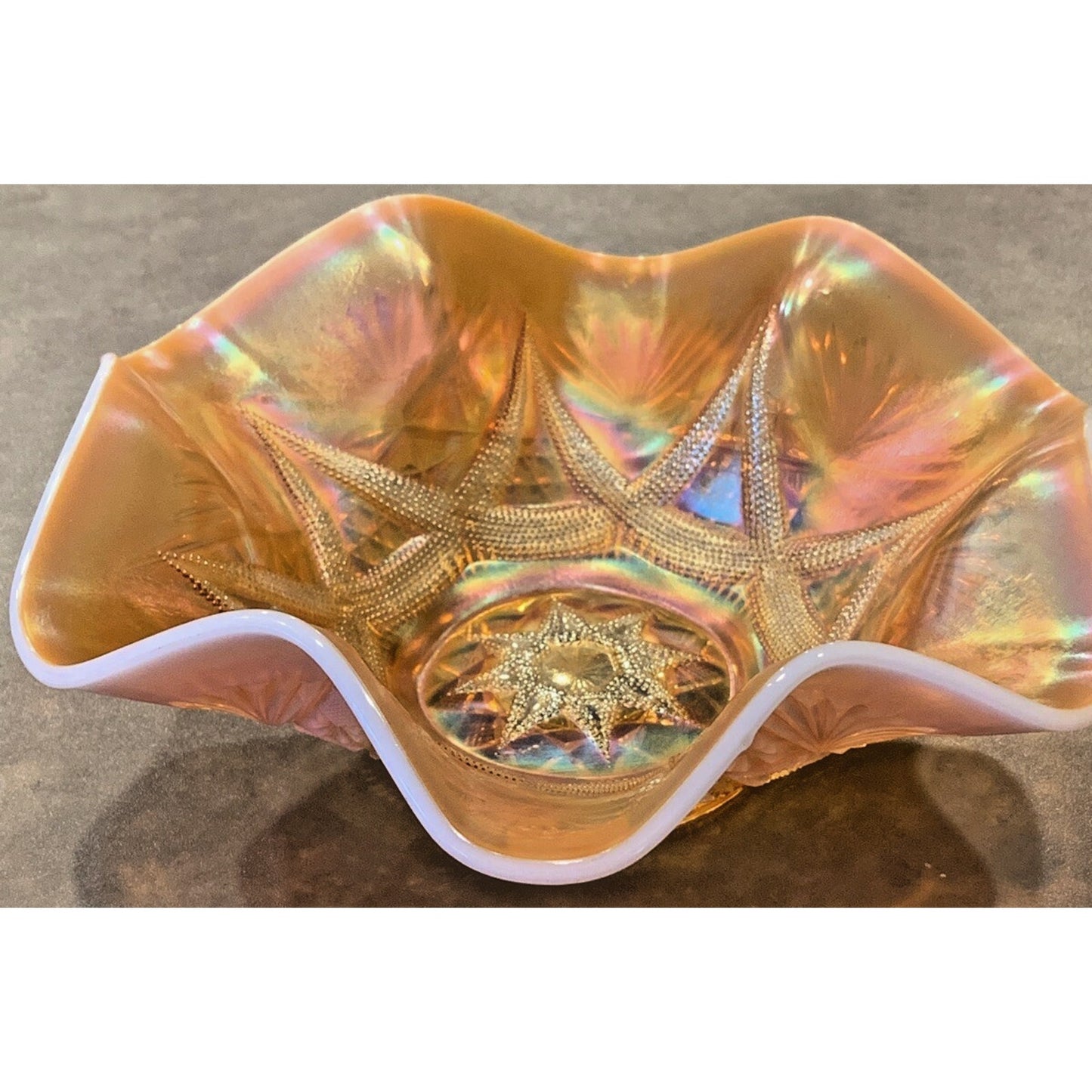 EAGP Dugan Glass Marigold Carnival Peach Opalescent Ski Star Master Bowl As-Is