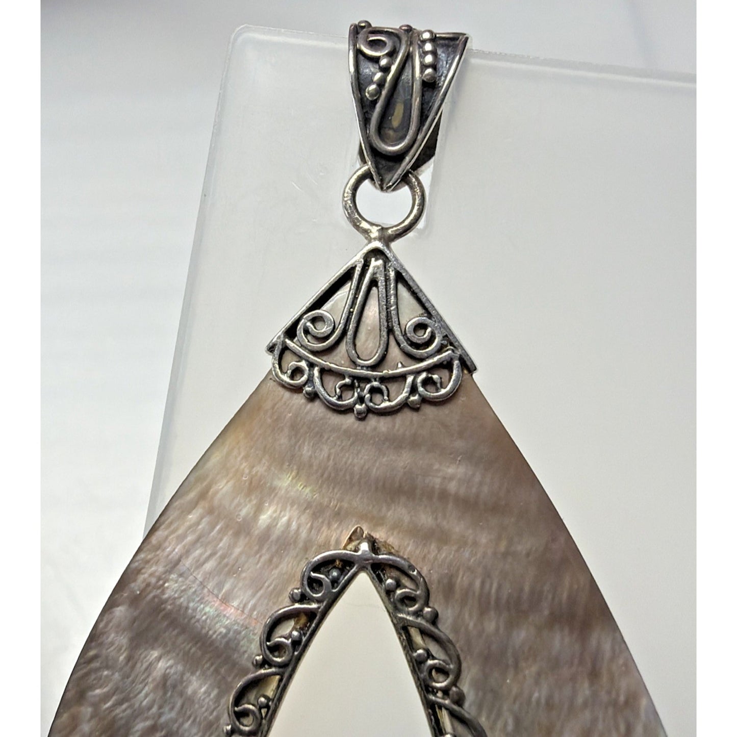 Sterling Silver Abalone MOP Teardrop Pendant Ornate Filigree Bali Style As Is