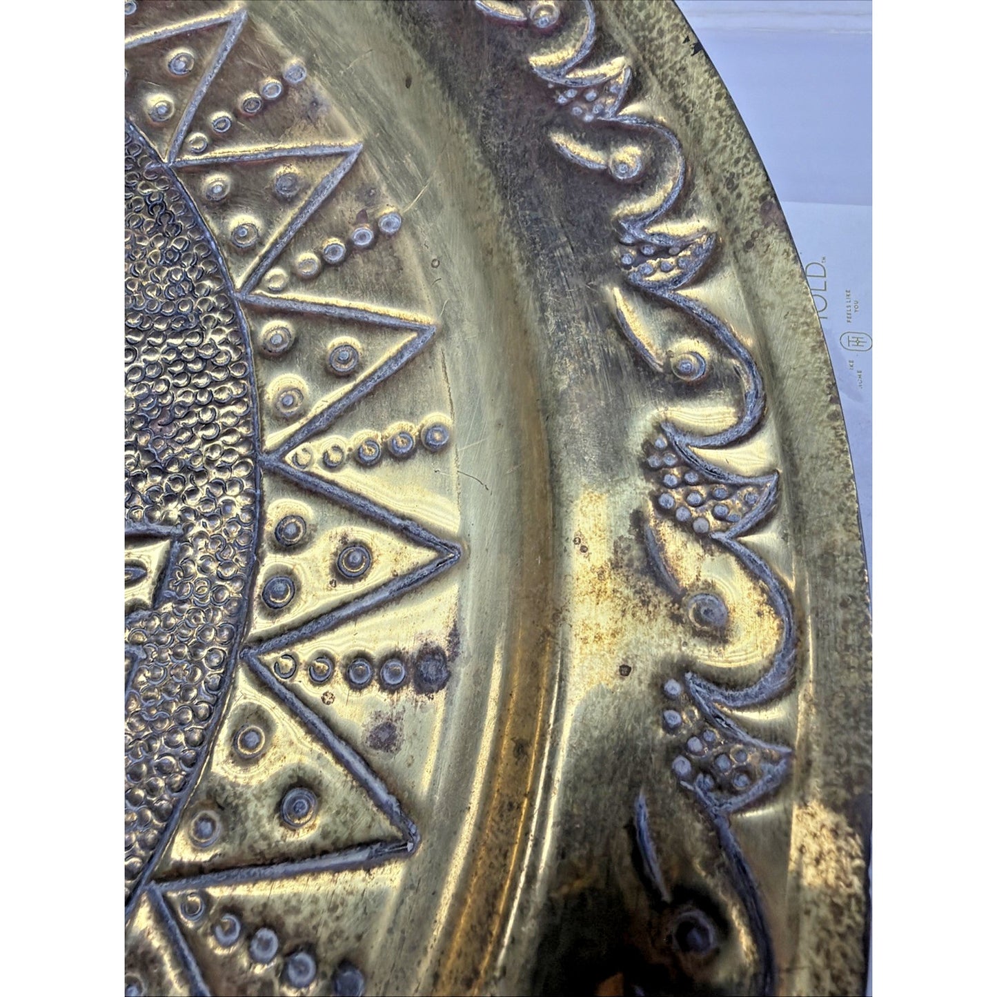 Mayan Aztec Peruvian Brass Gold Metal Enamel Engraved Hammered Wall Plate As Is