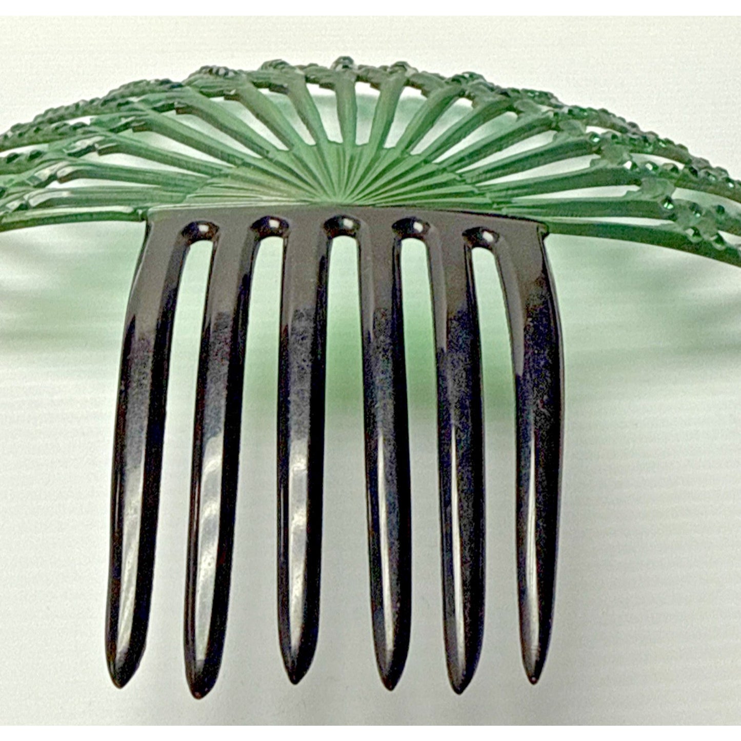 Art Deco Large Fan Shape Hair Comb Green Black Celluloid Rhinestone As-Is