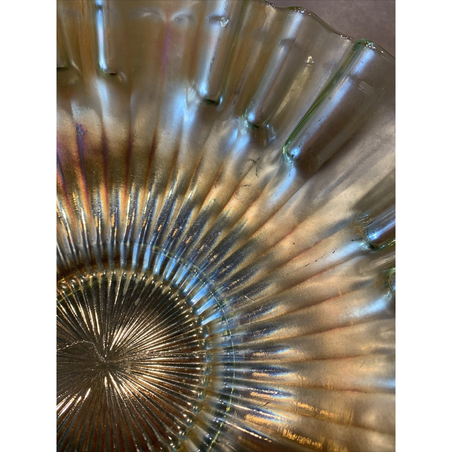 Vintage Fenton Green Carnival Glass Stippled Rays Ruffled Crimped Bowl