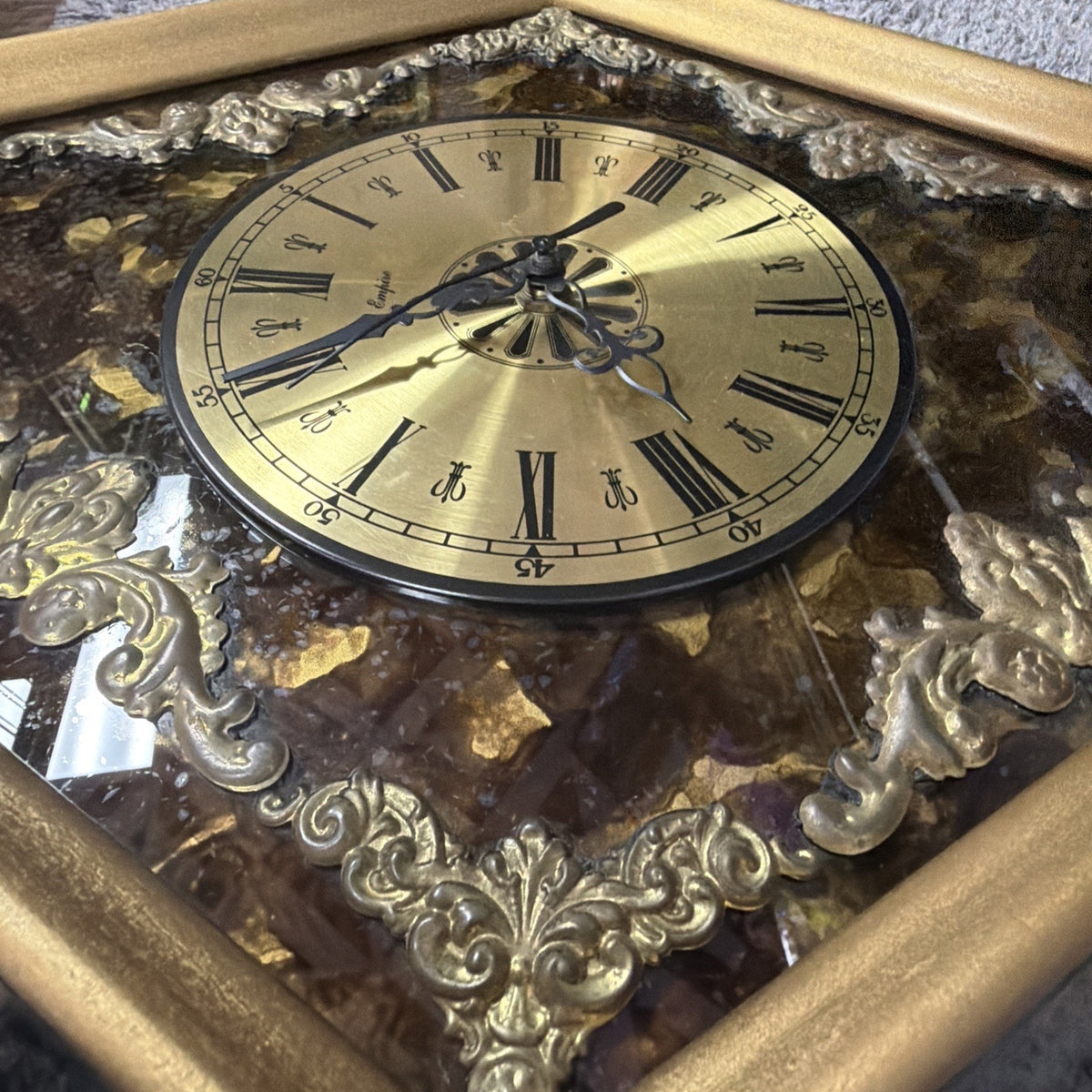 MCM Empire Art Products Co NY Hollywood Regency Wood Framed Clock Gold Brass Met