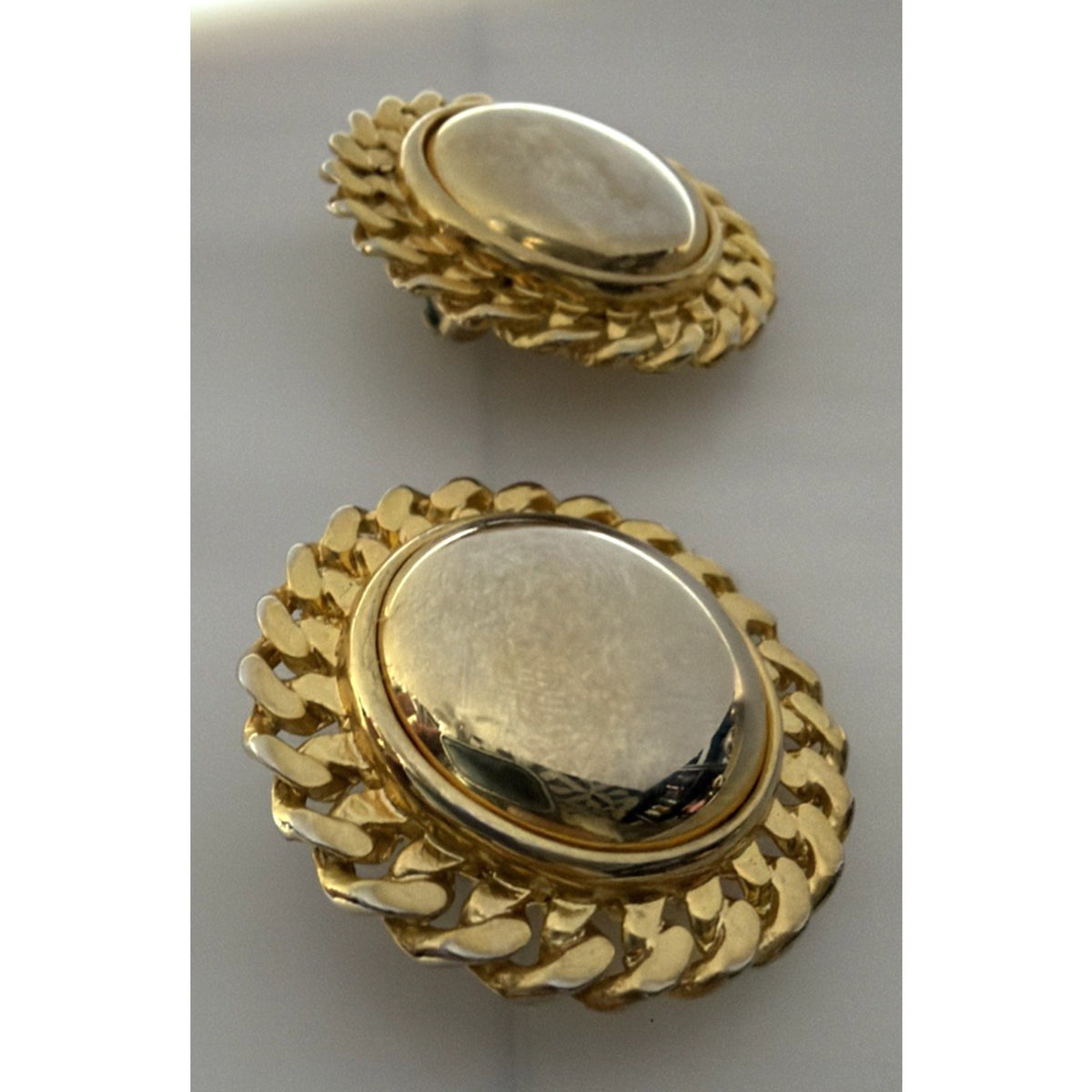 Vintage Button Dome Earrings Gold Tone Round Curb Chain Braided Border Clip On