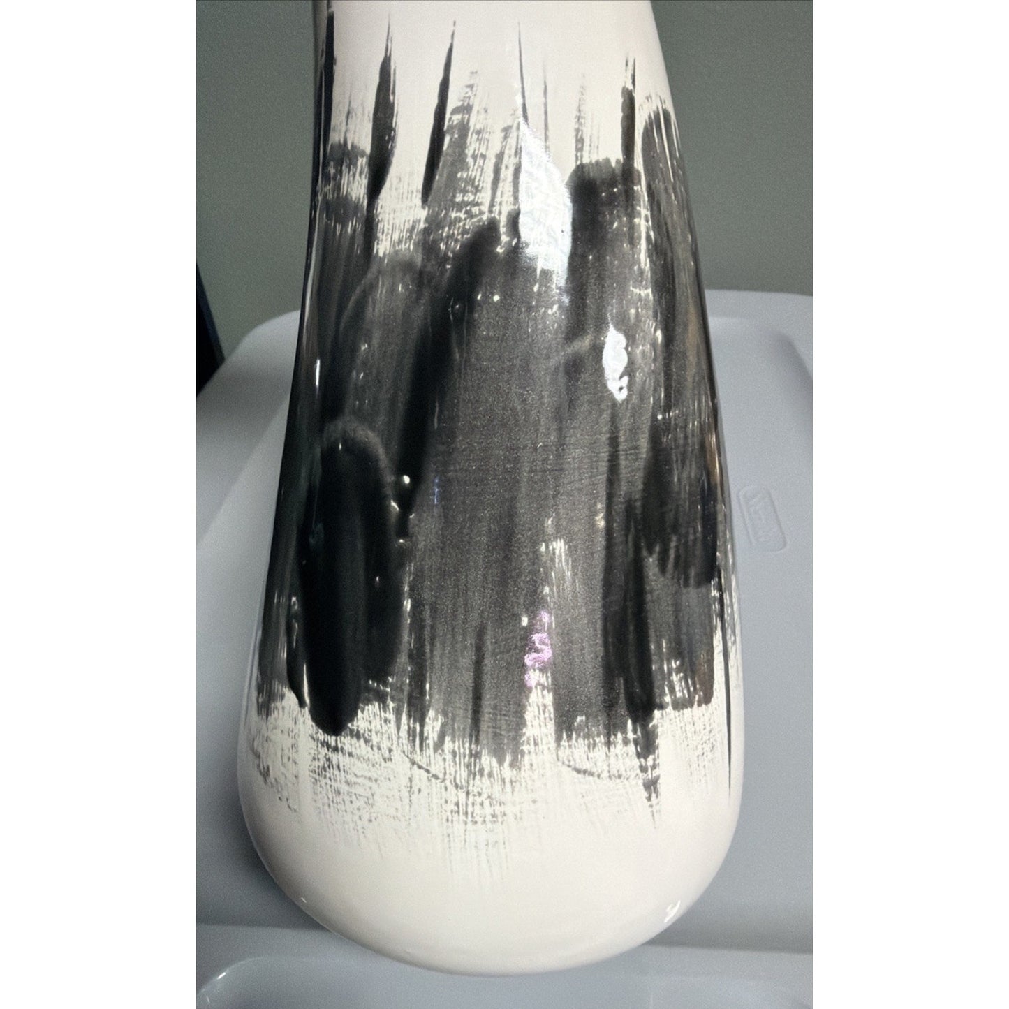 MCM Abstract Art Pottery Vase Black White Brushed Glazed Asymmetrical Signed