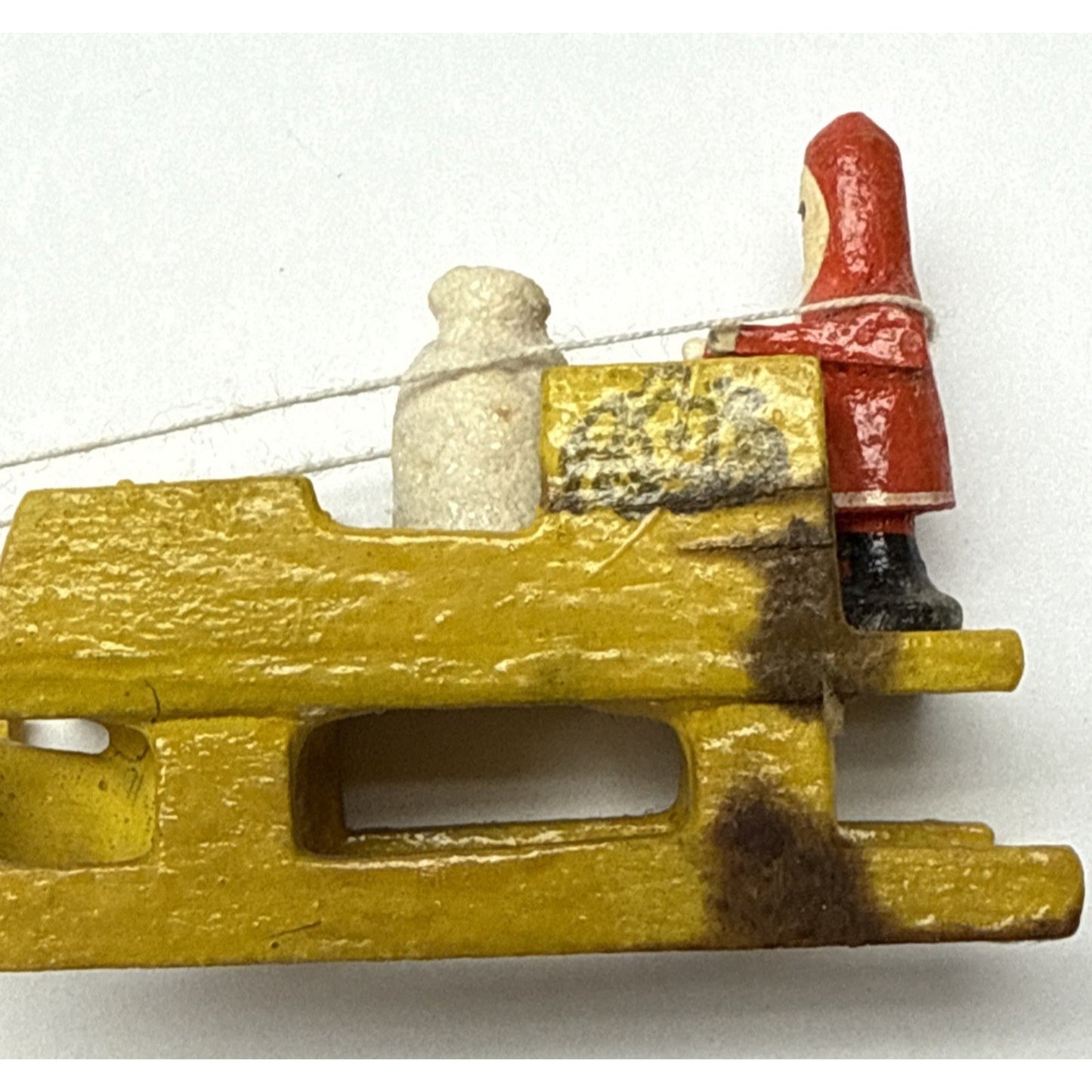 Old Erzgebirge Putz Toy Miniature Wood Santa Sleigh Reindeer Bag Christmas As-Is