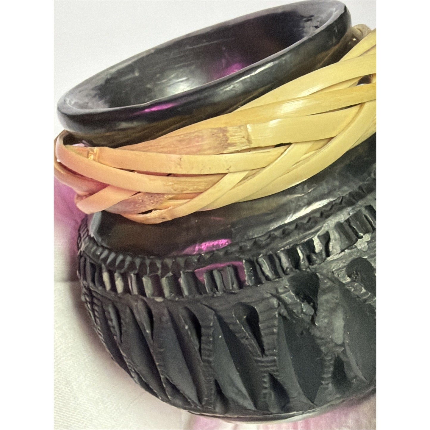 Mexican Folk Art Barro Negro Oaxaca Reticulated Black Pottery Vase Woven Straw