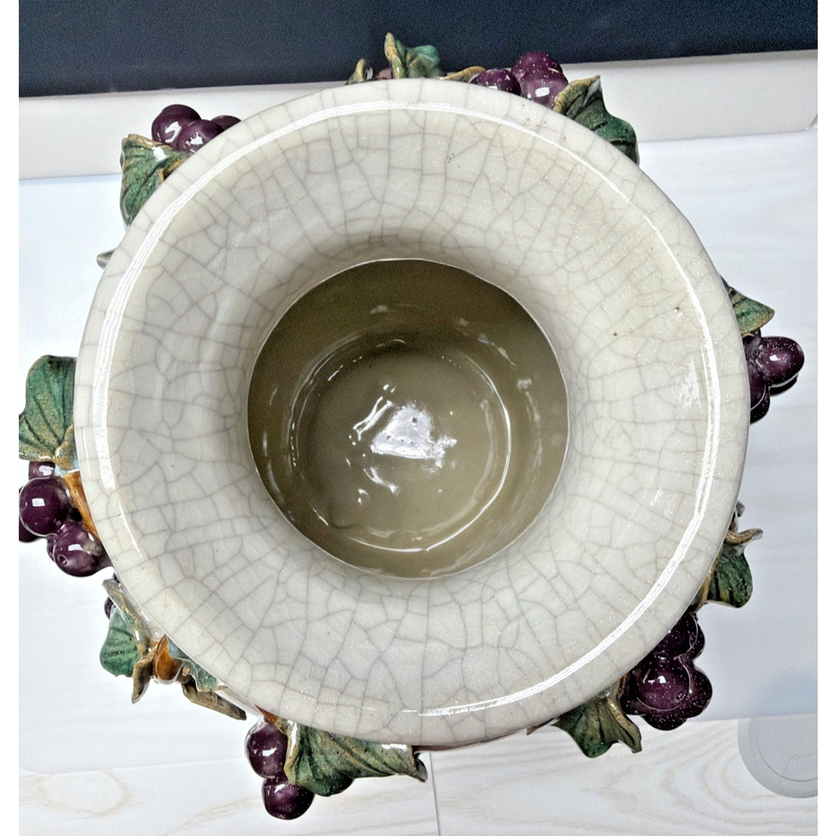 Old Majolica Pottery Chinese Crackle Glaze Rope Grapes Berries Leaves Vine As Is