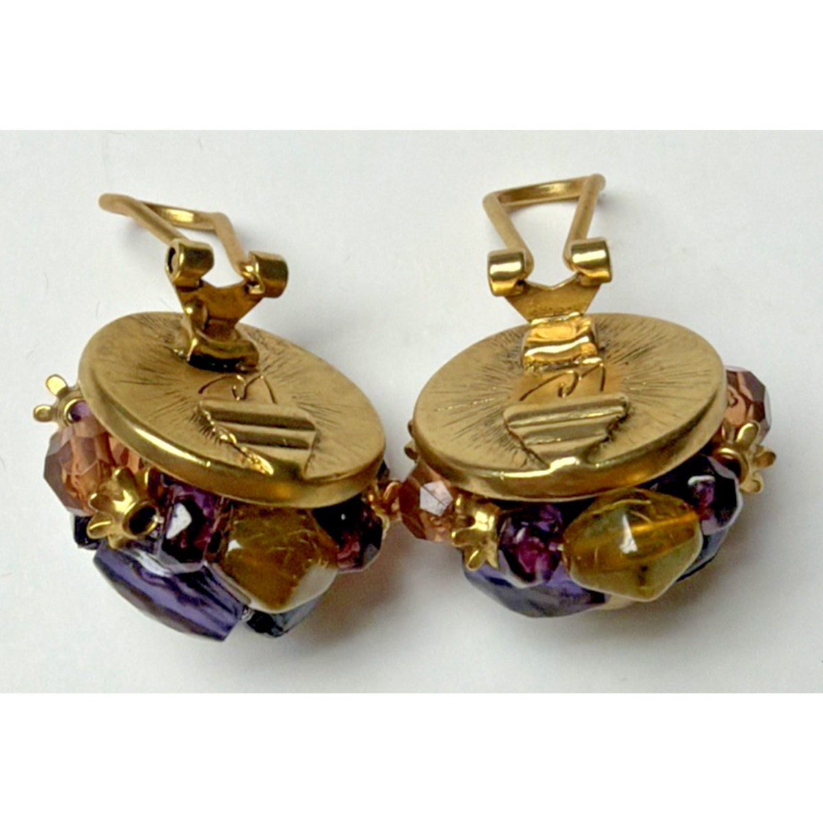 Vtg LC Liz Claiborne Omega Clip On Earrings Faux Pearl Multi Beaded Purple Gold