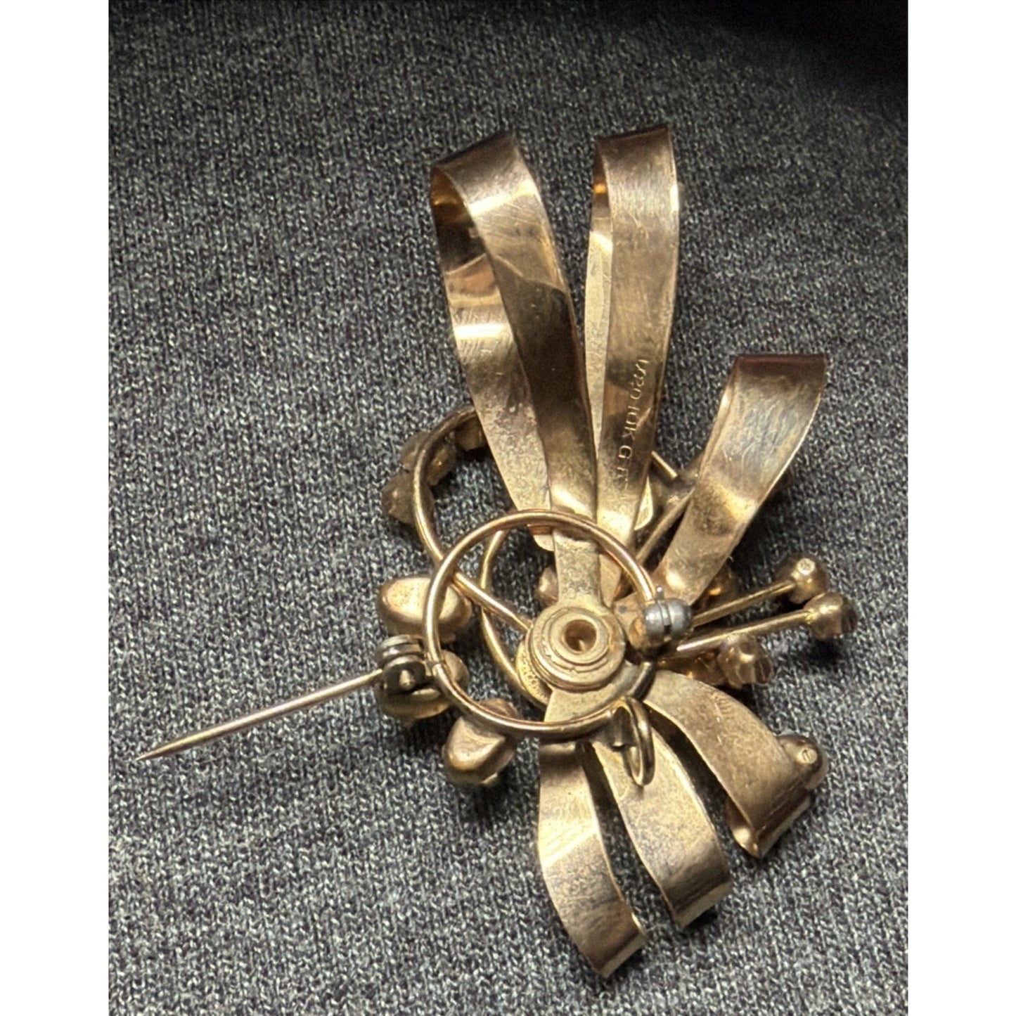 Vintage 1/20 10k Gold Filled Floral Spray Ribbon Pendant Brooch Aqua Rhinestone