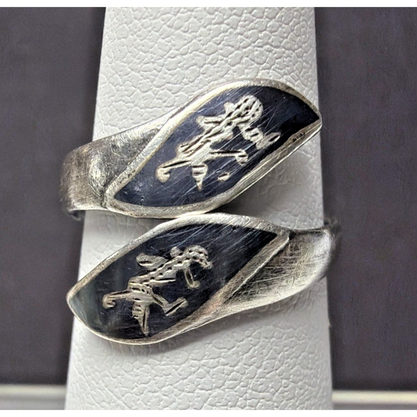 Vintage Sterling Silver Siam Niello Hindu Goddess Adjustable Bypass Ring Size 4