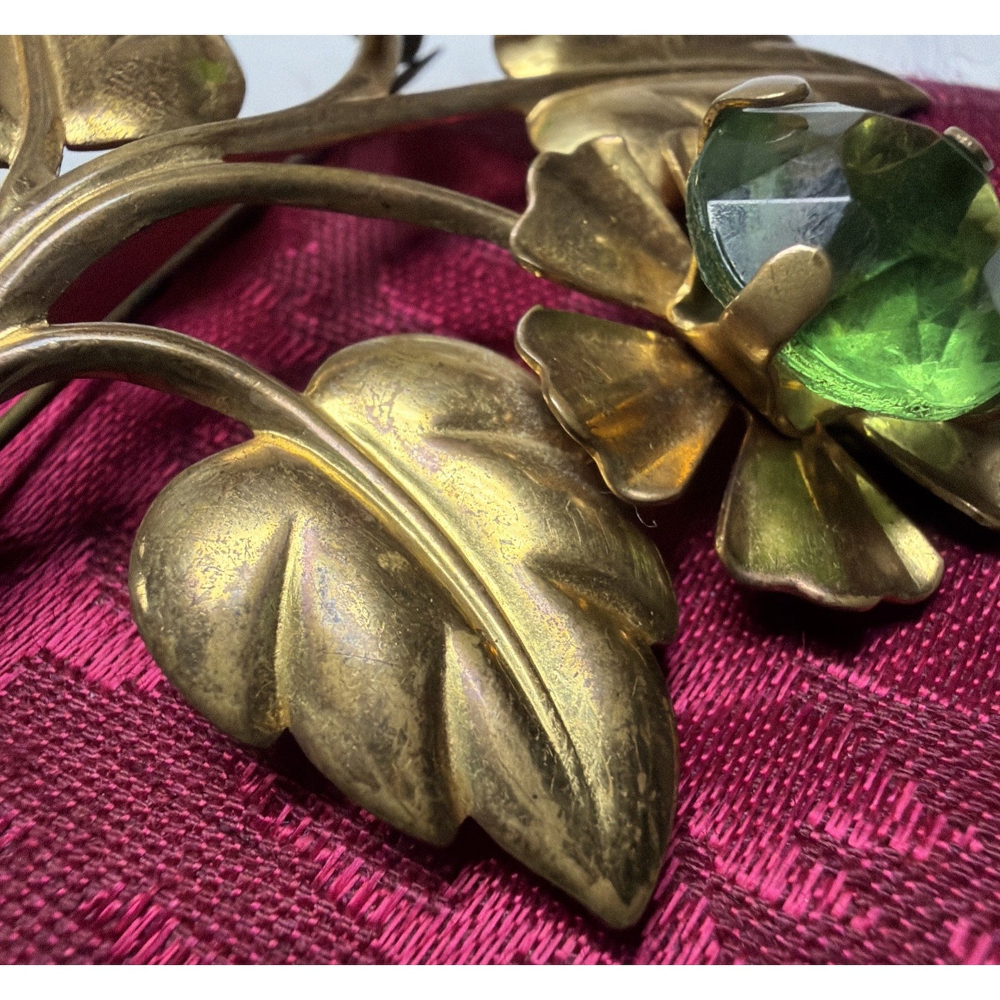 Vintage Large Gold Tone Floral Sprig Spray Brooch Pin Green Rhinestones