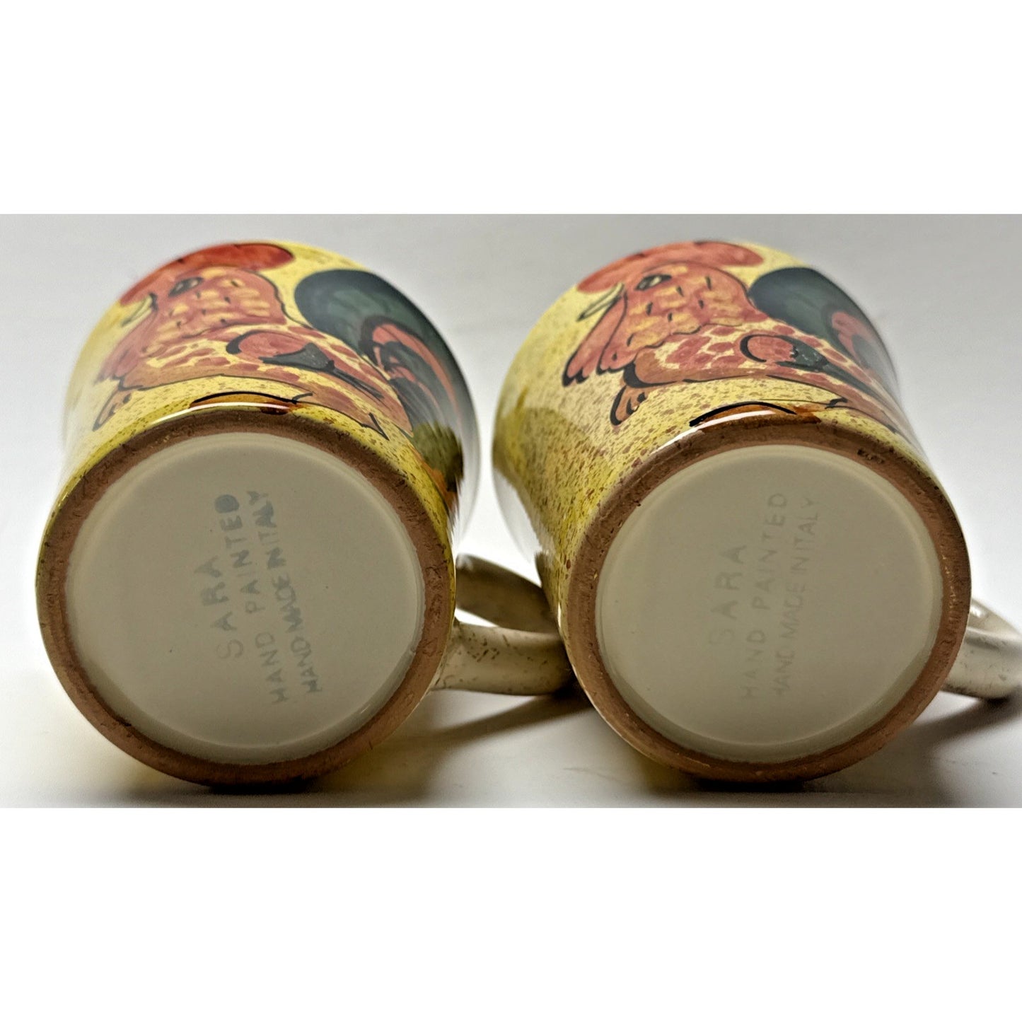 Vintage Lot of 2 Sara Hand Painted Rooster Mugs Italy Folk Art Farmhouse