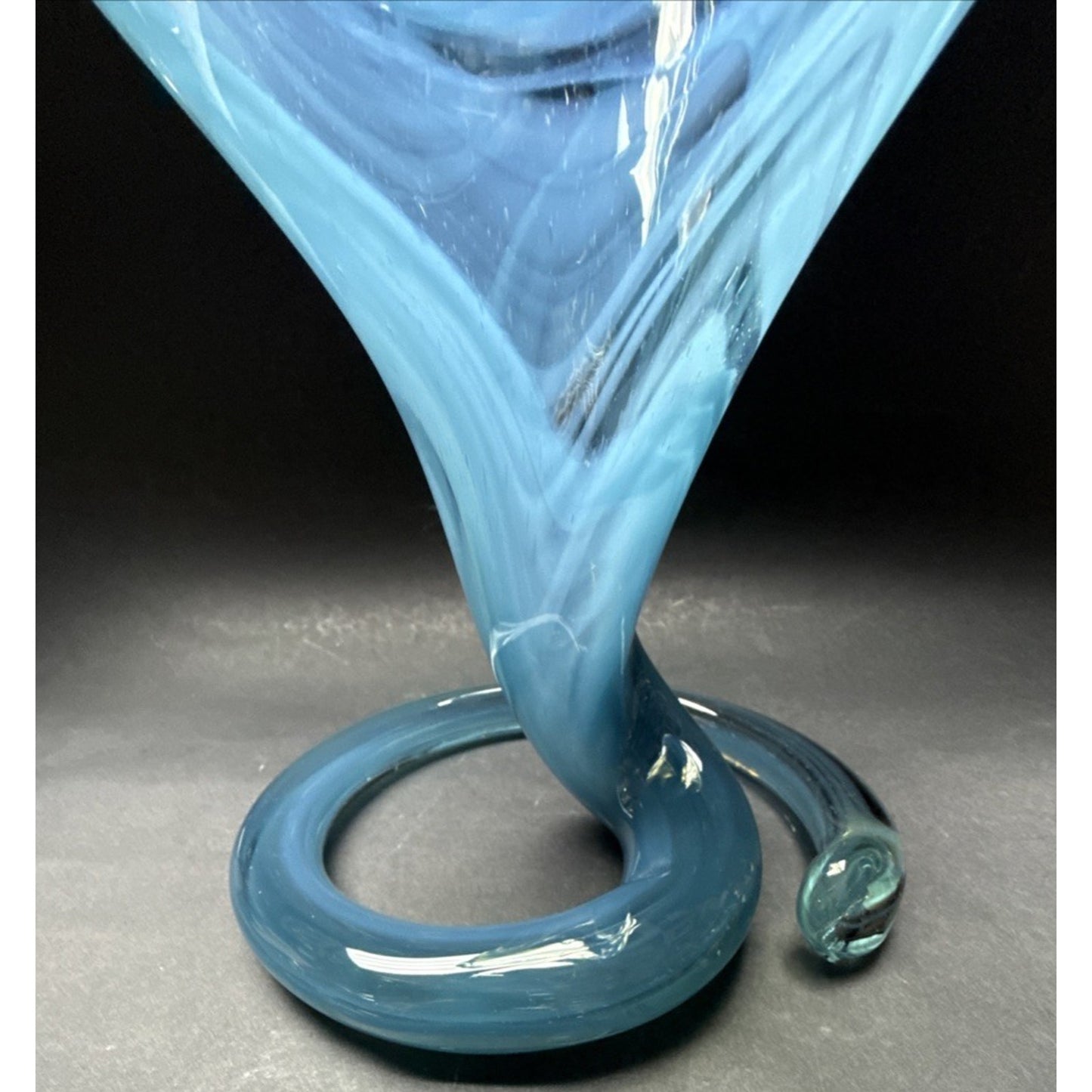 MCM Sooner Art Glass Tulip Trumpet Vase Blue Green Spiral Coiled Base 12" Read