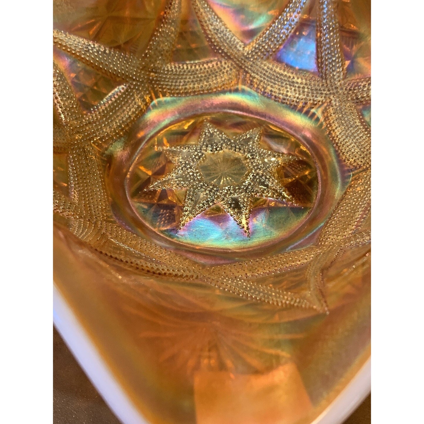 EAGP Dugan Glass Marigold Carnival Peach Opalescent Ski Star Master Bowl As-Is
