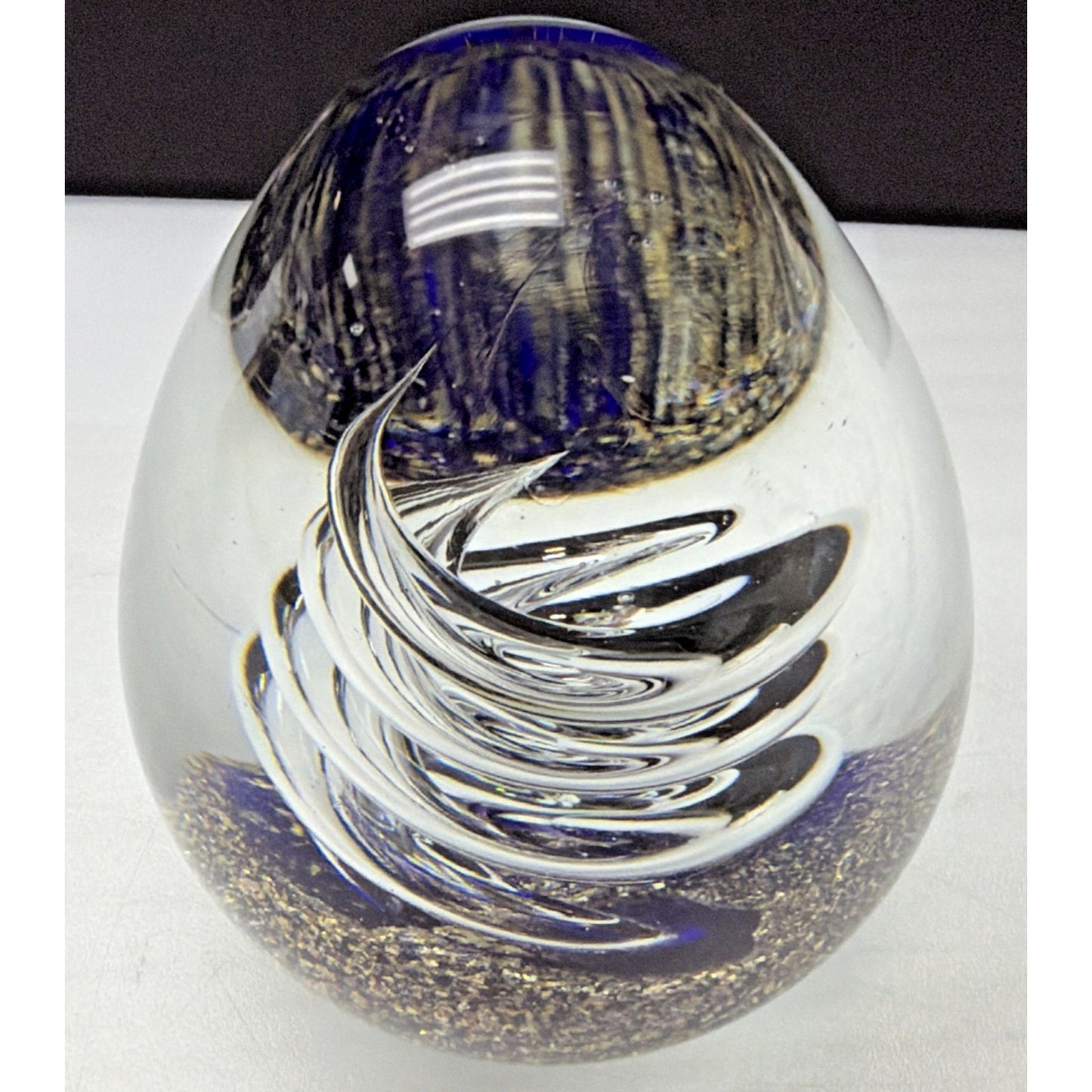 Vtg Large Art Glass Egg Paperweight Spiral Ribbon Cobalt Blue Aventurine Gold