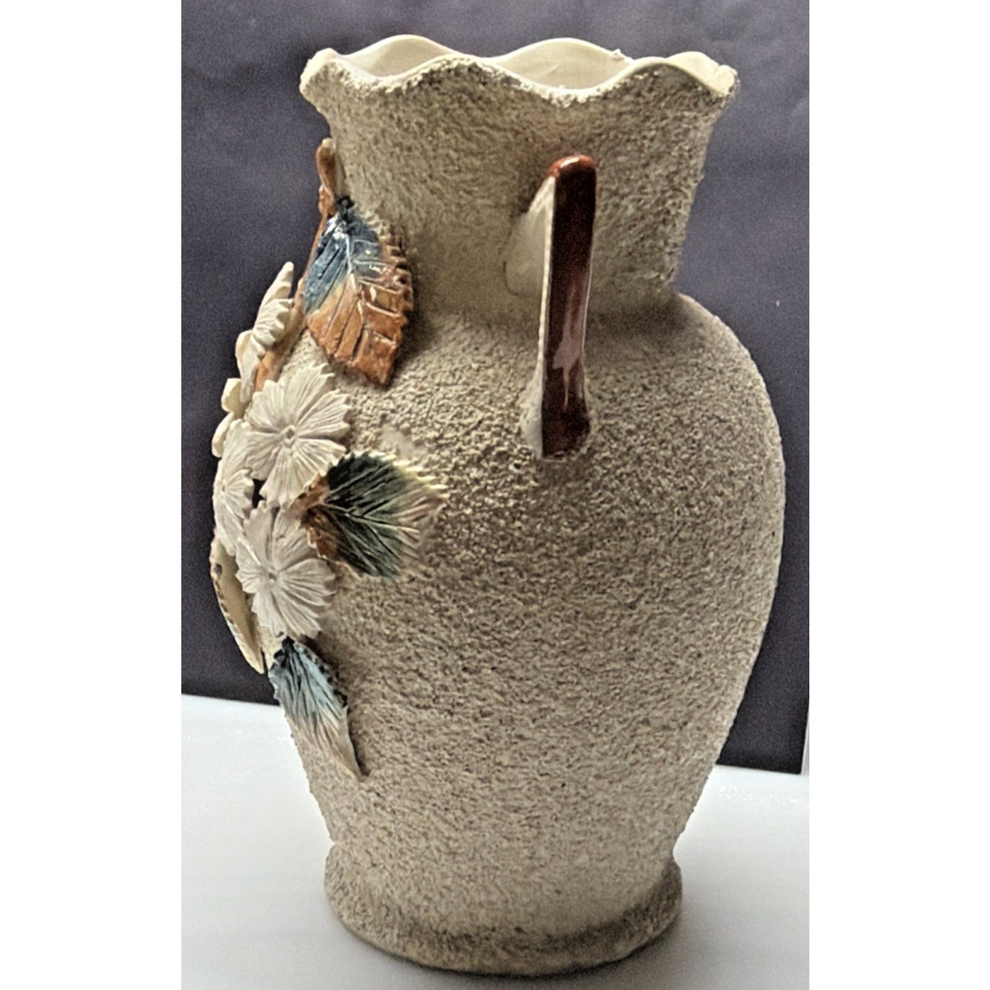 Antique English Majolica Barbotine Sand Pottery Vase Flowers Amphora As Is