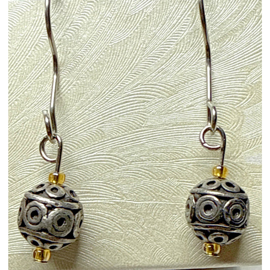 Vintage Sterling Silver Round Ball Bead Drop Earrings Bali Wire Moroccan