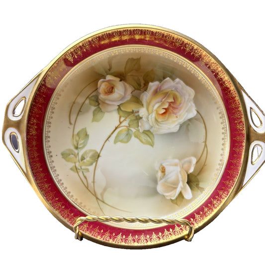 Antique RS Prussia Germany Hand Painted Rose Handle Bowl Platter Ornate Burgundy